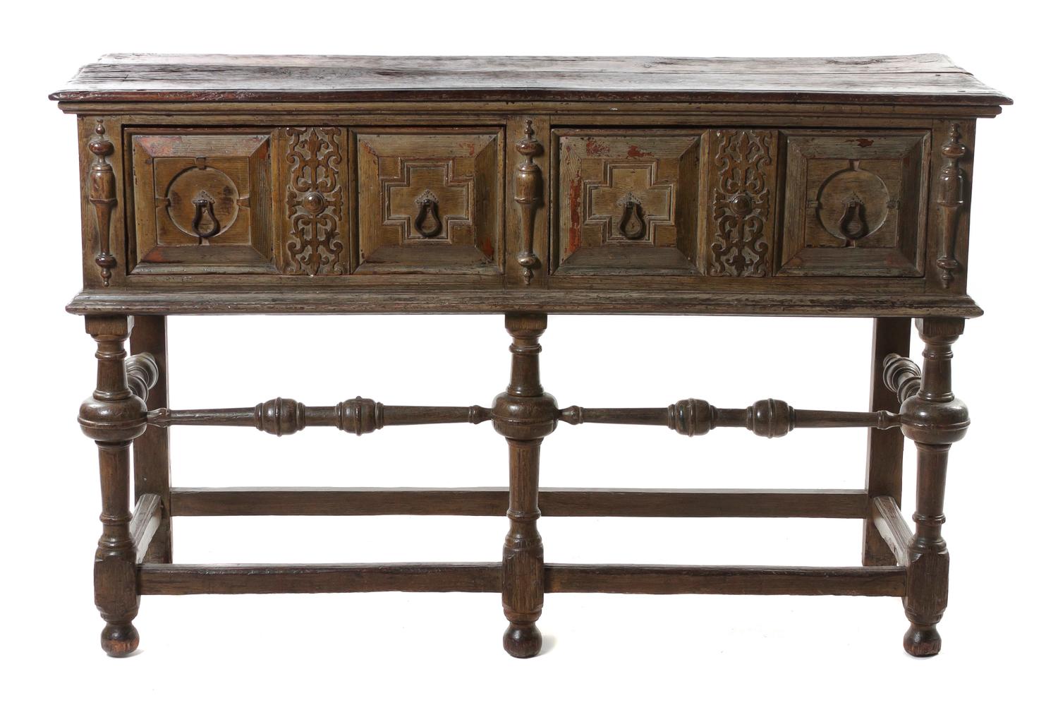 A Charles II Oak Server, Height 36 1/4 x width 58 x depth 19 3/4 inches.