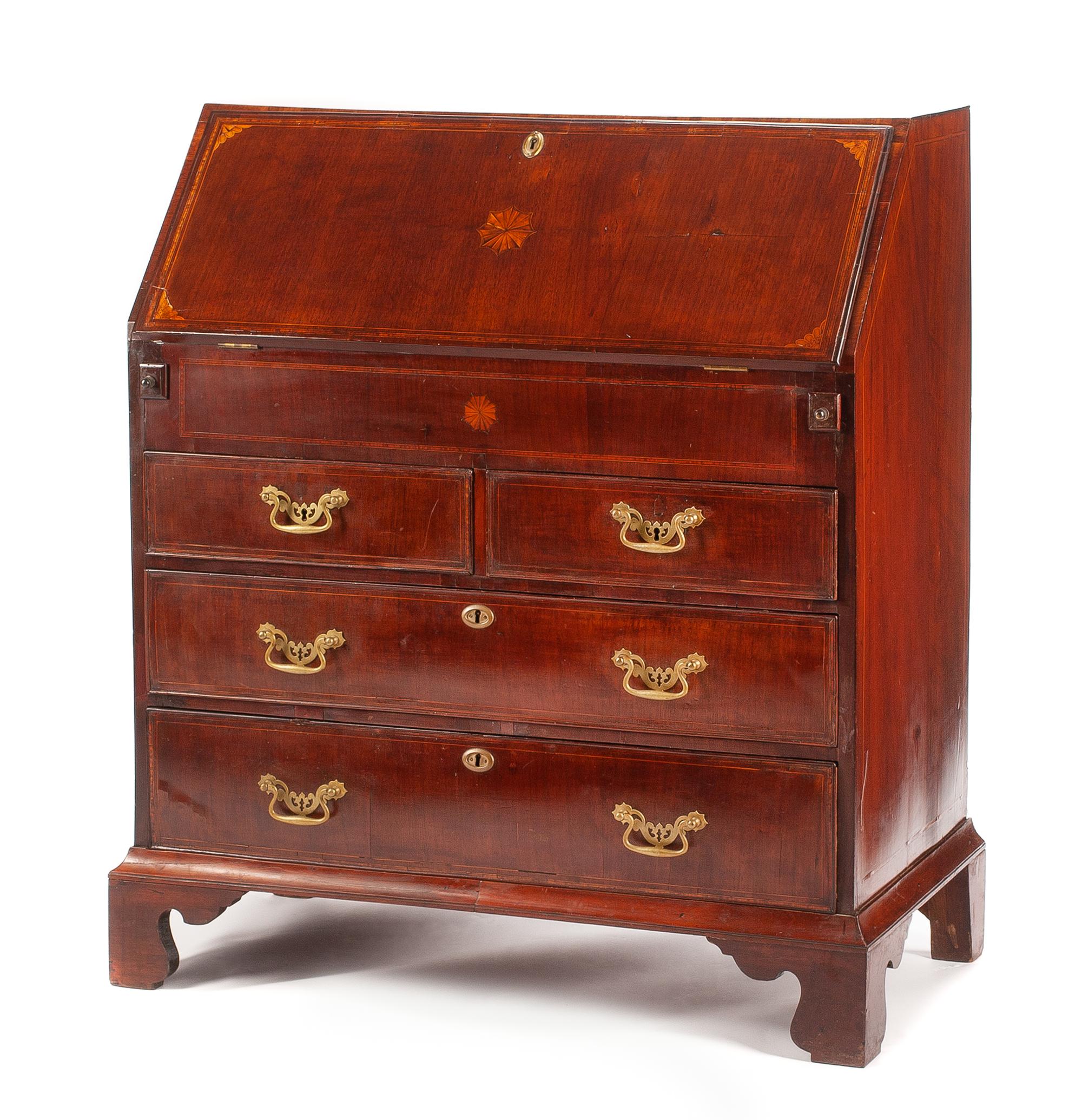 A George III Mahogany and Marquetry Slant-Front Desk Height 42 x width 36 x depth 20 inches. — LATE 18TH/EARLY 19TH CENTURY