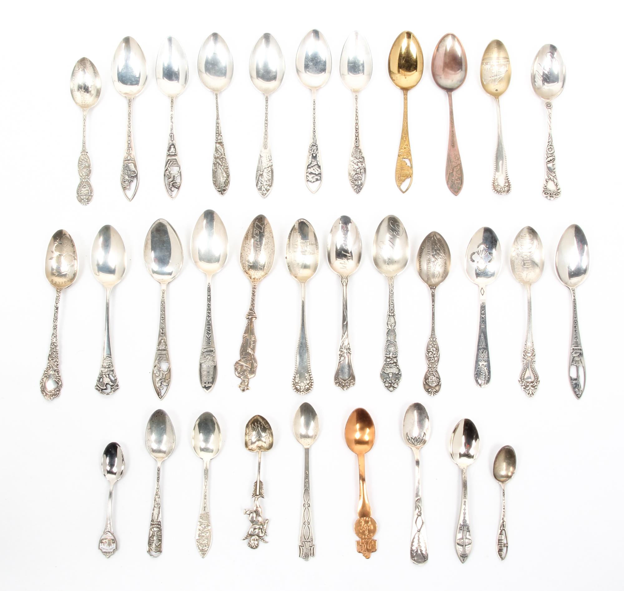 A Collection of American Souvenir Spoons, 20TH CENTURY, comprising silver and silver-plate spoons; including Western states and Nationa
