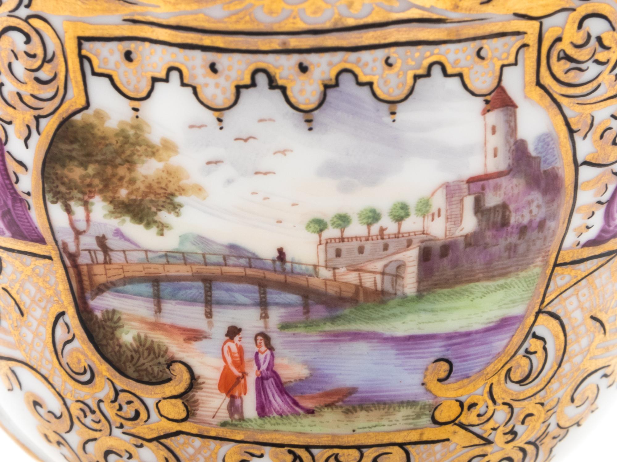 Three Meissen Painted and Parcel Gilt Porcelain Cup and Saucer Sets, a Covered Cup and Two Spoons