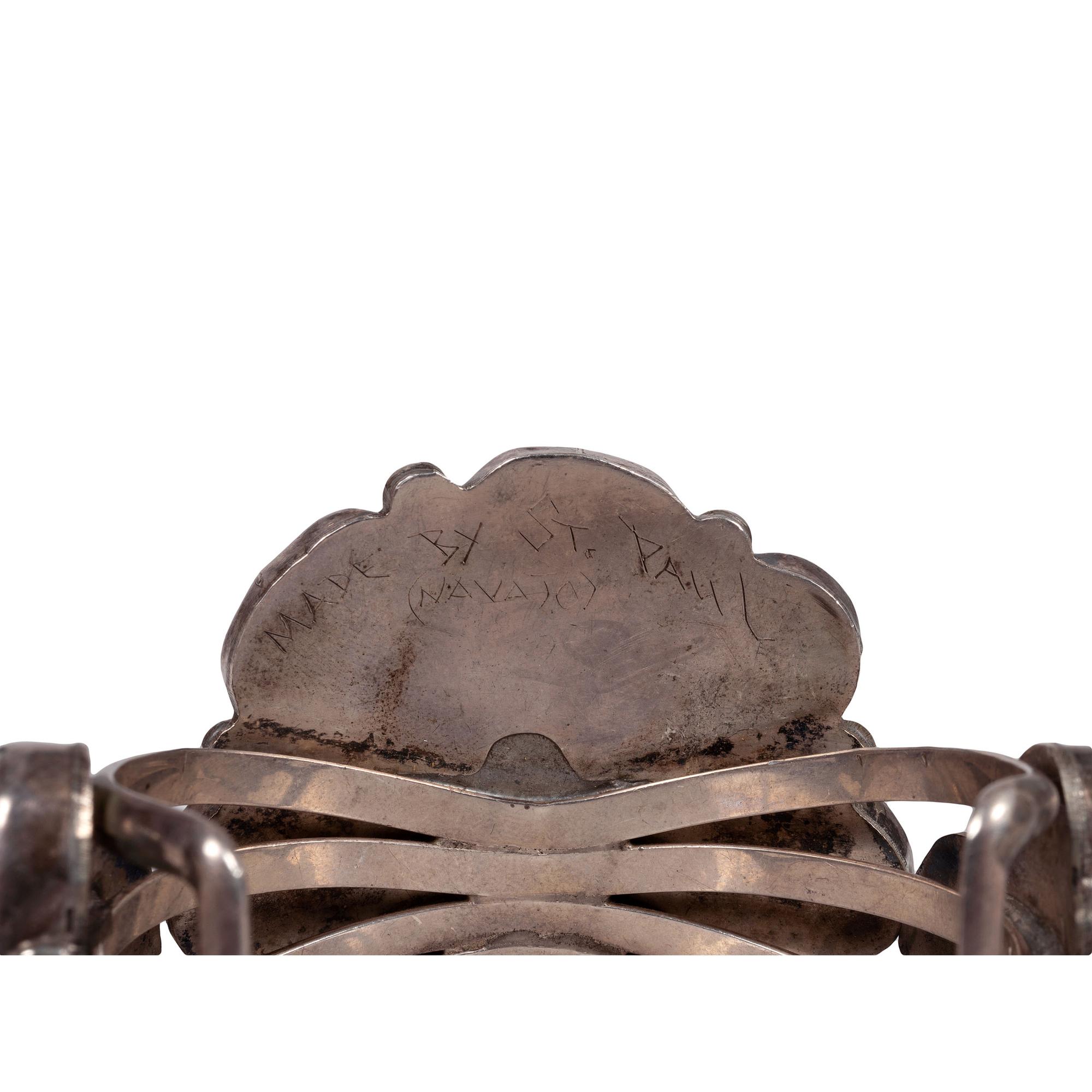Navajo Silver Cuff Bracelet, with Turquoise and Coral Clusters
