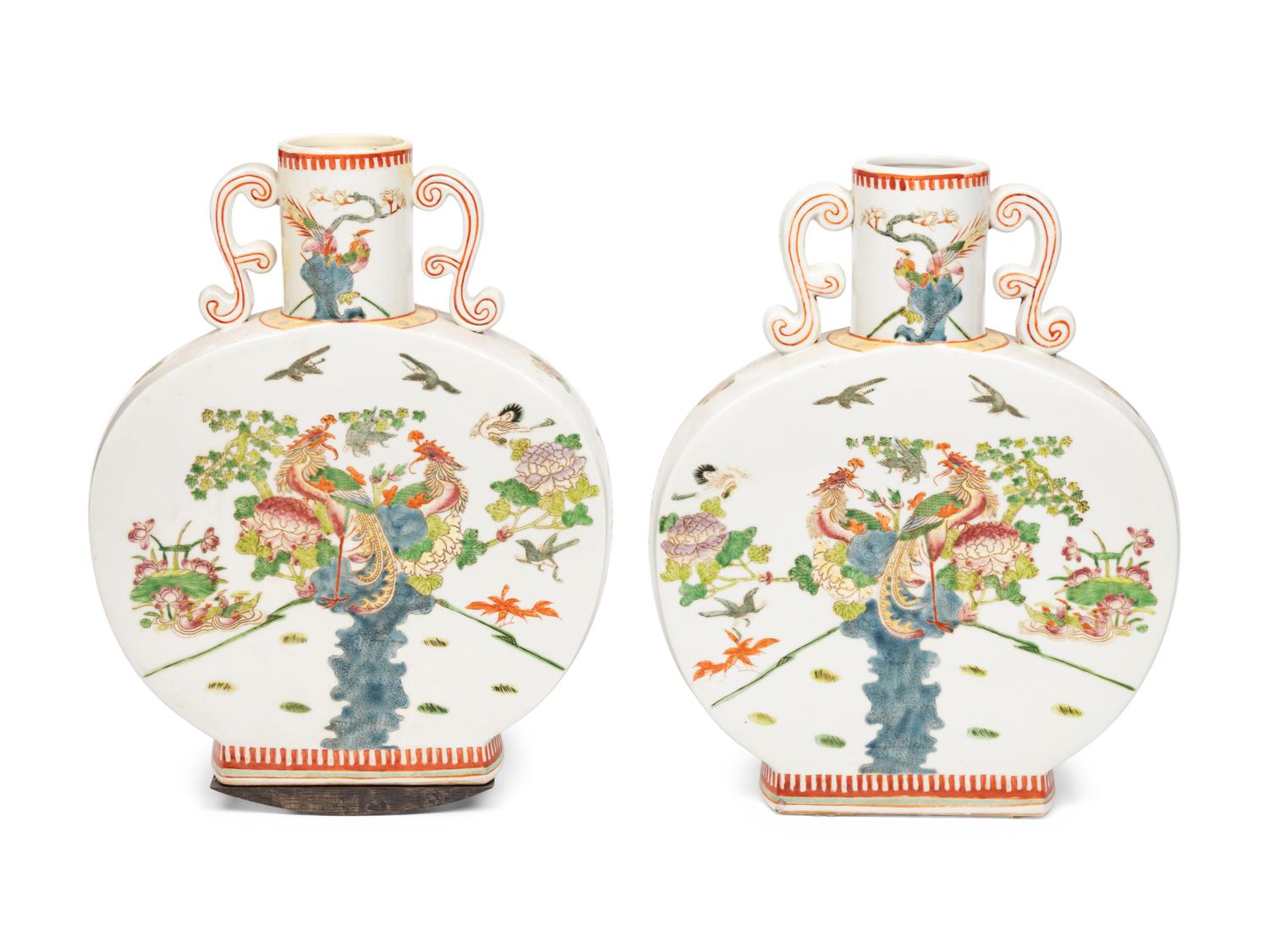 A Pair of Chinese Export Polychrome Decorated Porcelain Moon Flasks