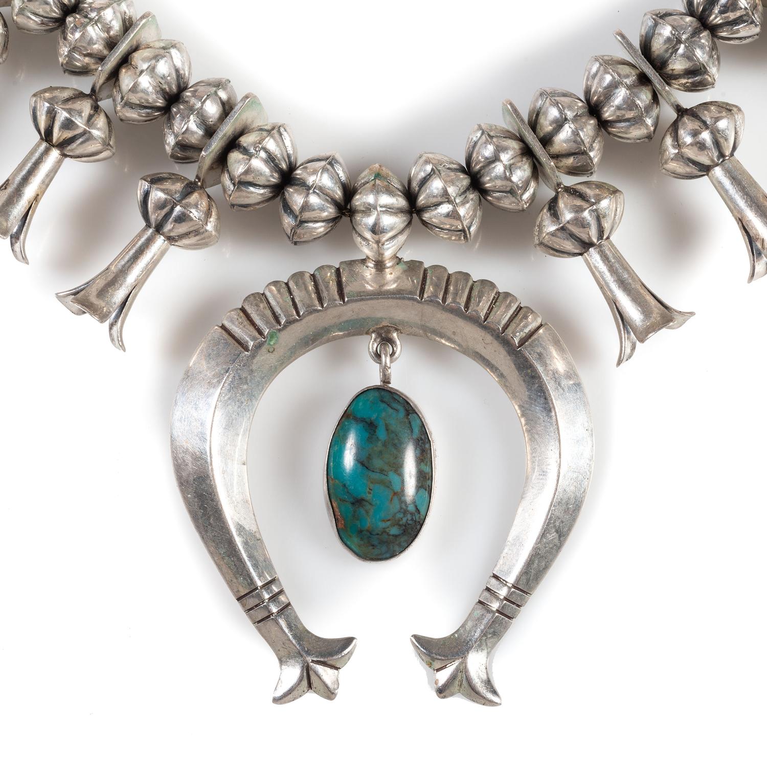 Navajo Silver and Turquoise Squash Blossom Necklace, with Fluted Beads