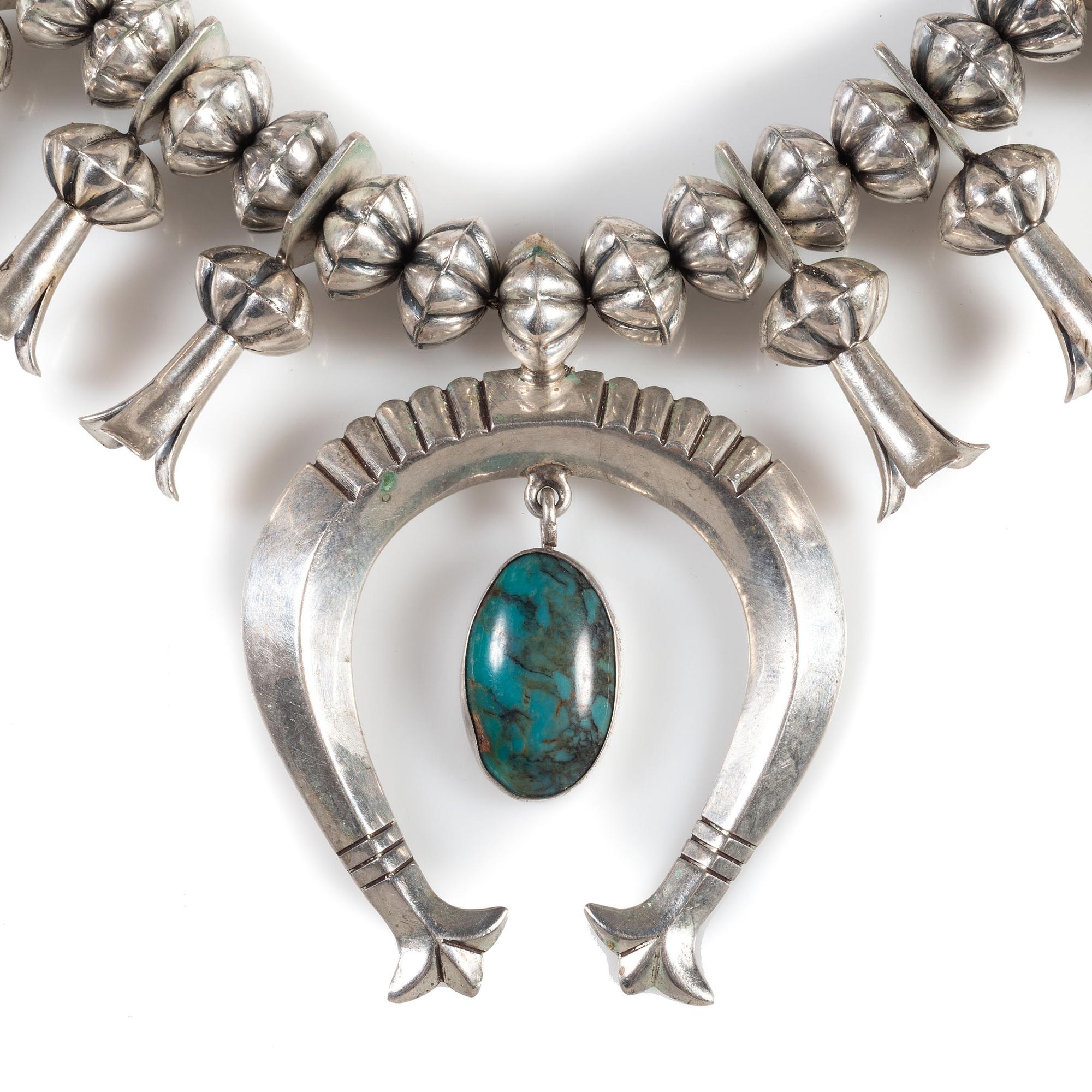 Navajo Silver and Turquoise Squash Blossom Necklace, with Fluted Beads