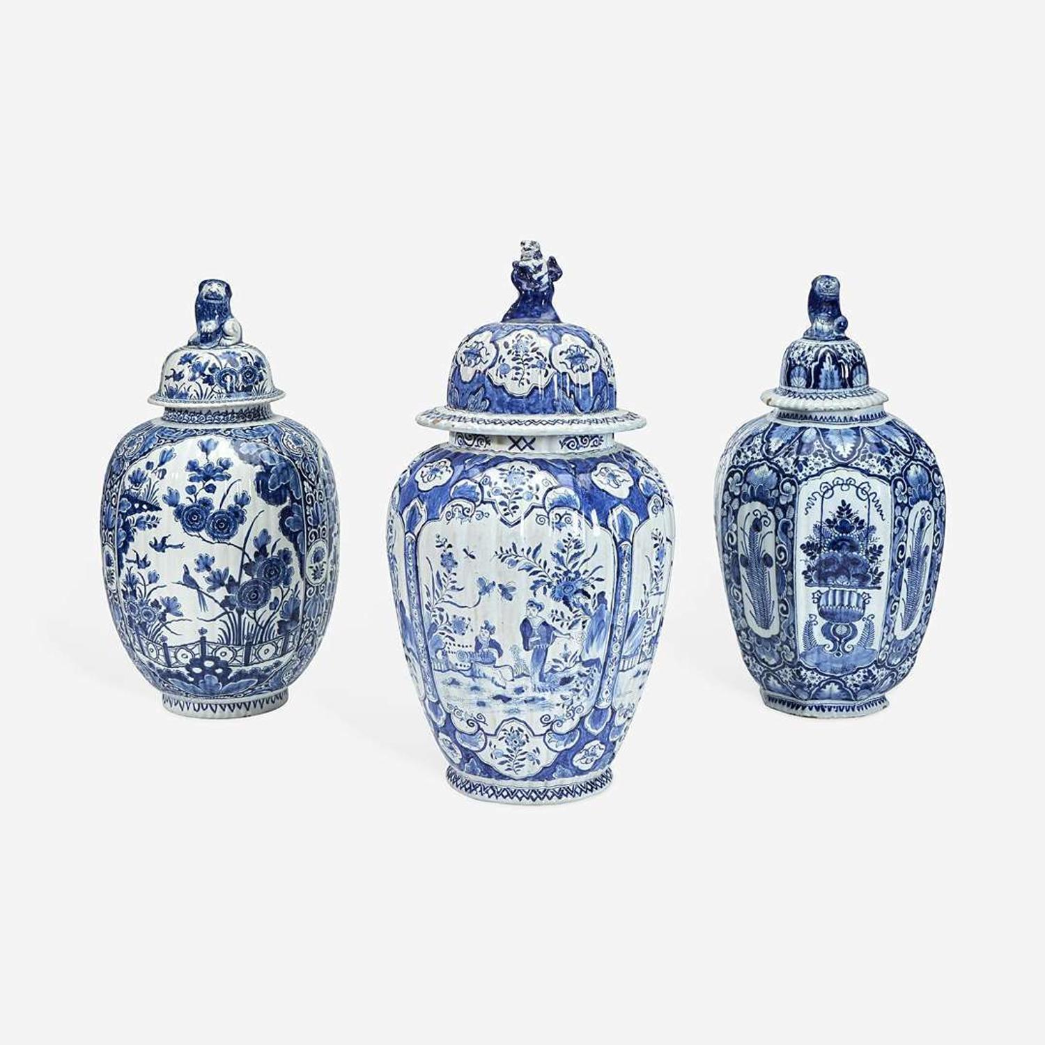 Three Dutch Delft Blue and White Jars with Covers 18th/19th century