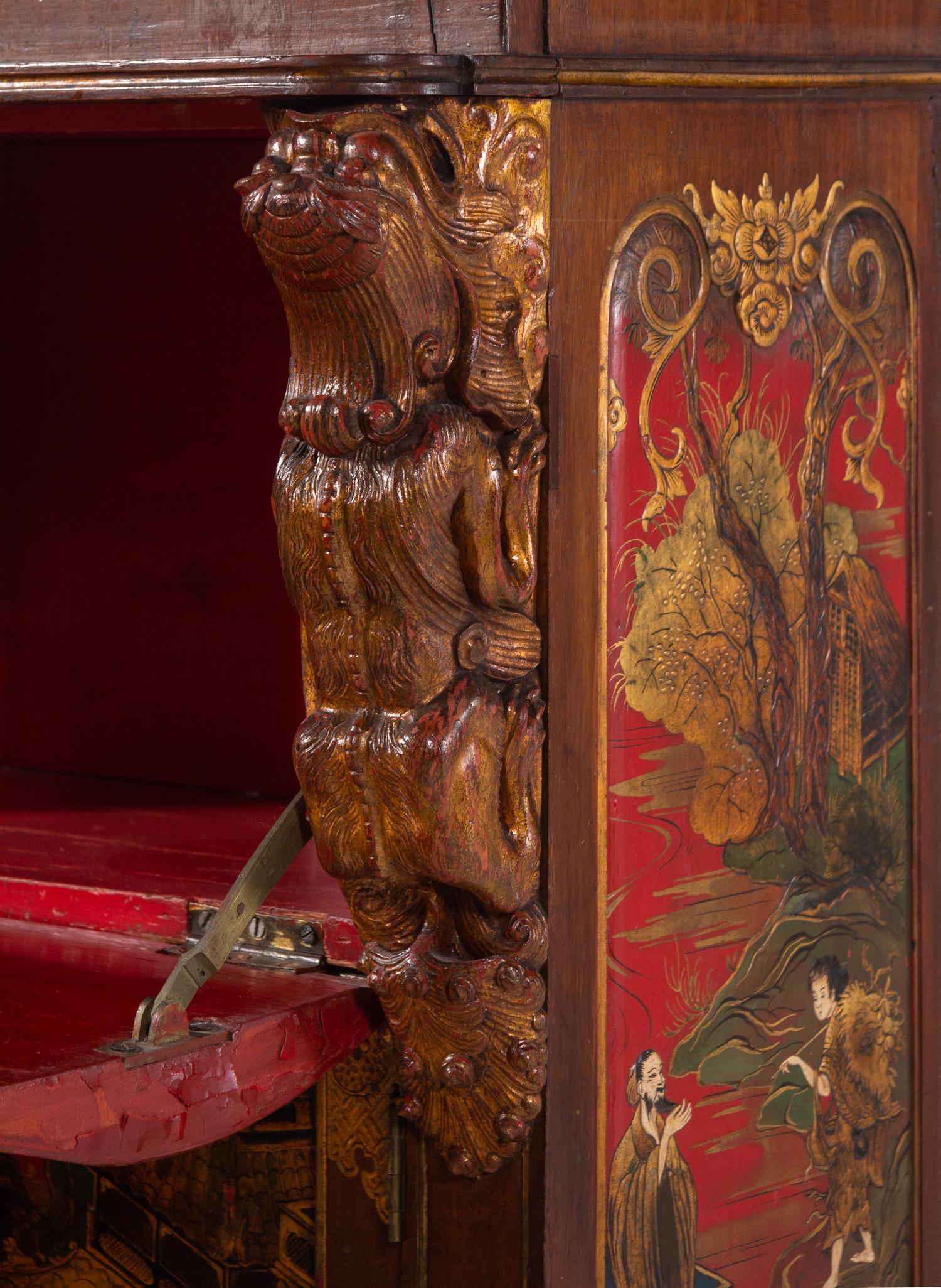 A Georgian Style Red Lacquered and Chinoiserie Decorated Secretary Bookcase
