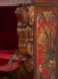 A Georgian Style Red Lacquered and Chinoiserie Decorated Secretary Bookcase