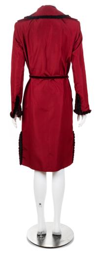 A Zang Toi Burgundy Silk Trench Coat, Size 6; Velvet belt: 27.75"- 31.75" x .75".