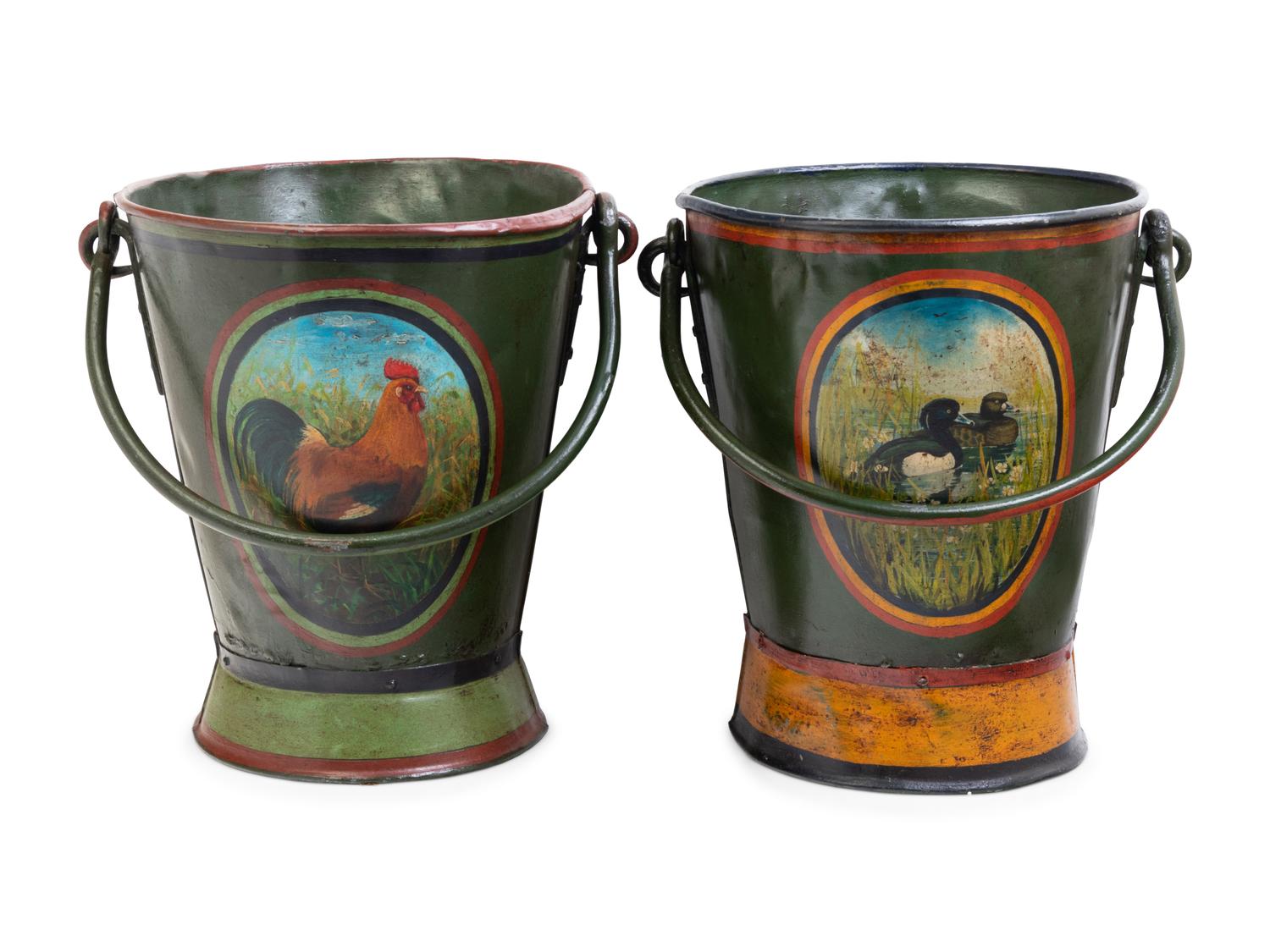 A Group of Two Tole Painted Peat Buckets