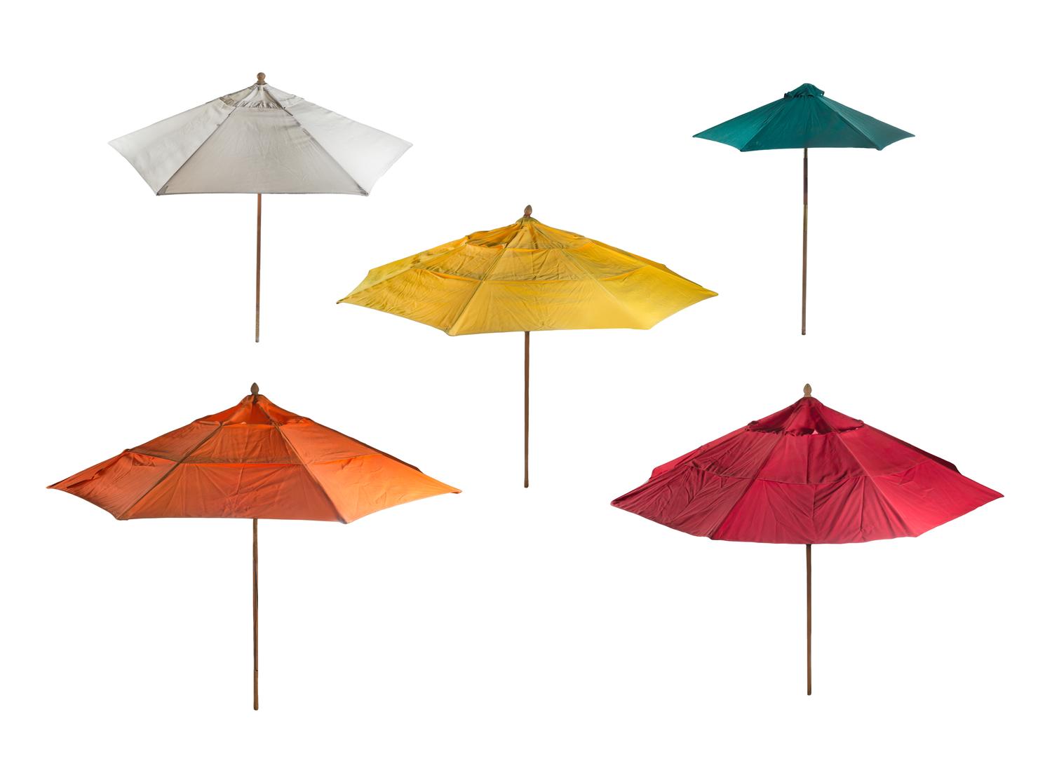 A Set of Five Patio Umbrellas Height of tallest 9 feet 6 inches. — 20TH CENTURY