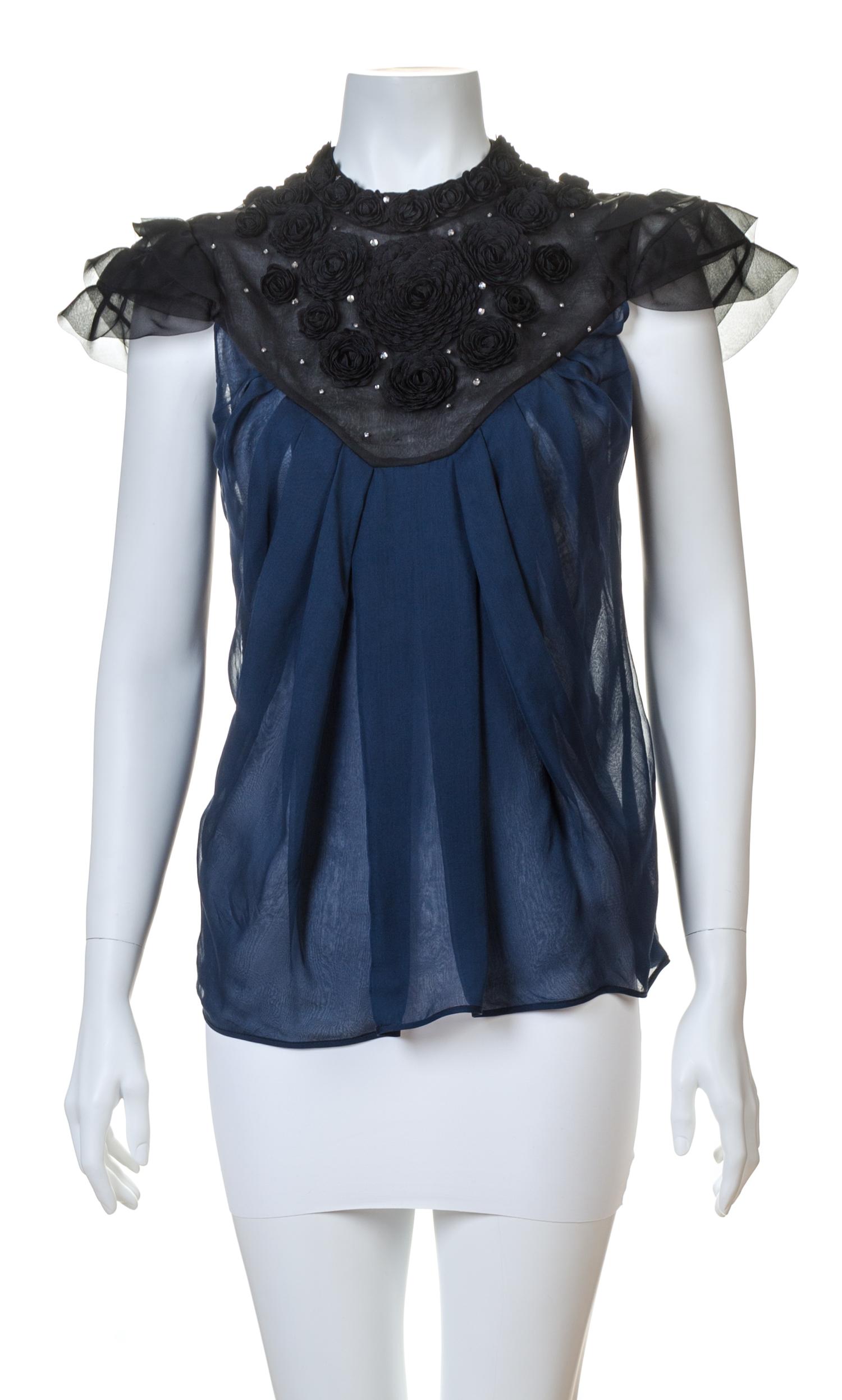 A Valentino Black and Navy Silk Sheer Blouse, No size.