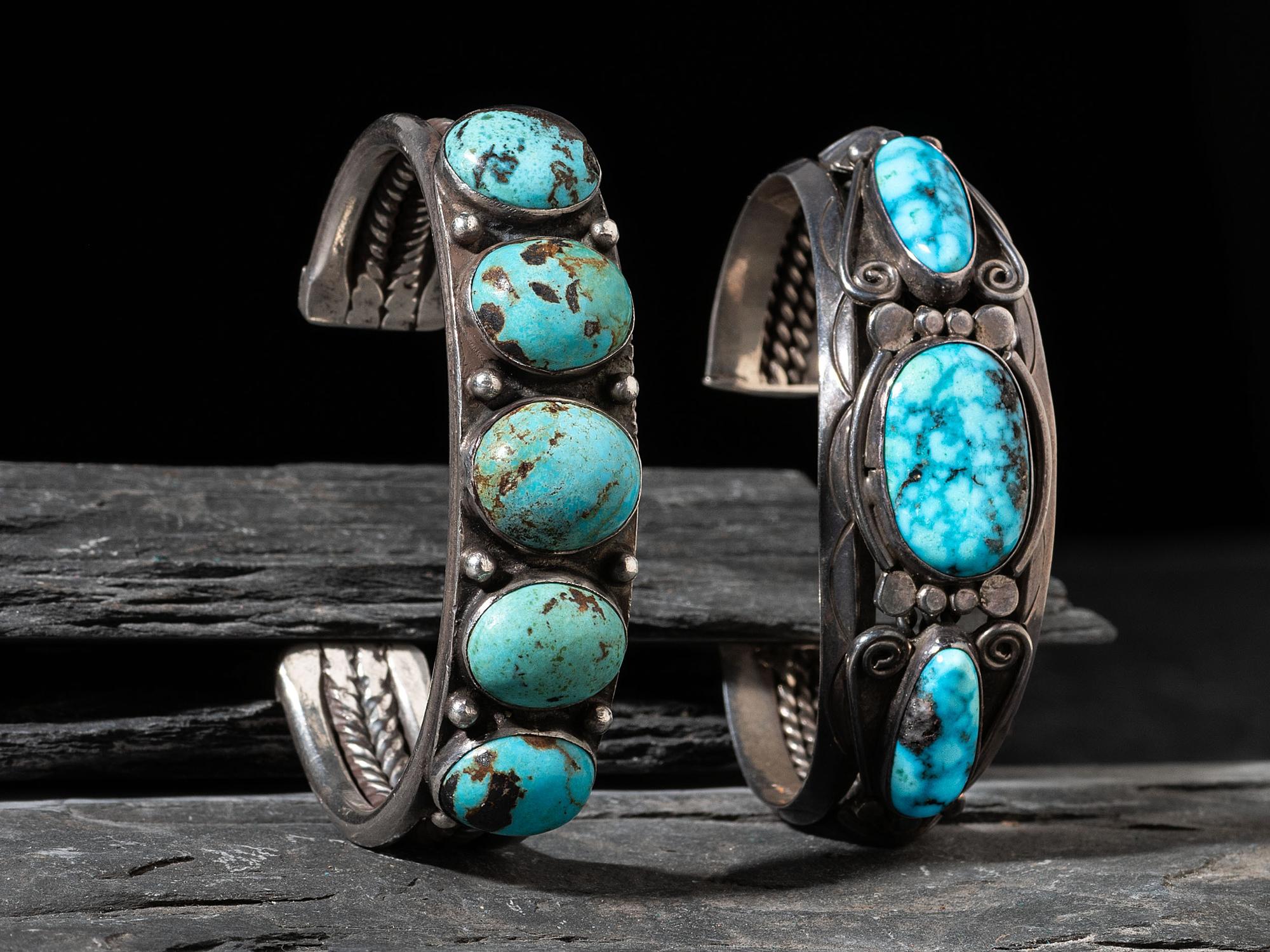 Pair of Navajo Silver and Turquoise Cuff Bracelets