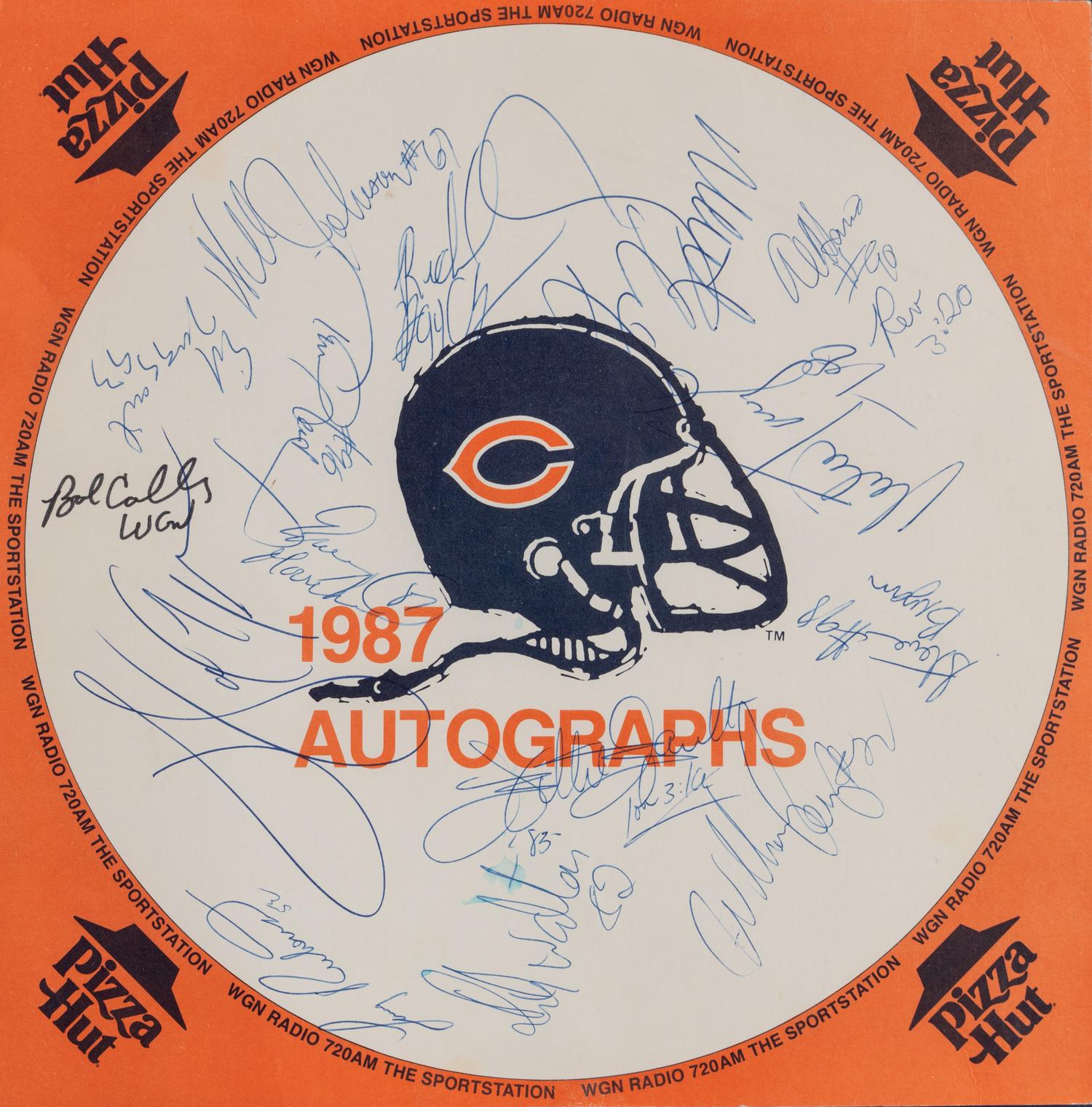 A 1987 Chicago Bears Team Signed Display Including Walter Payton, William Perry and Dan Hampton,
