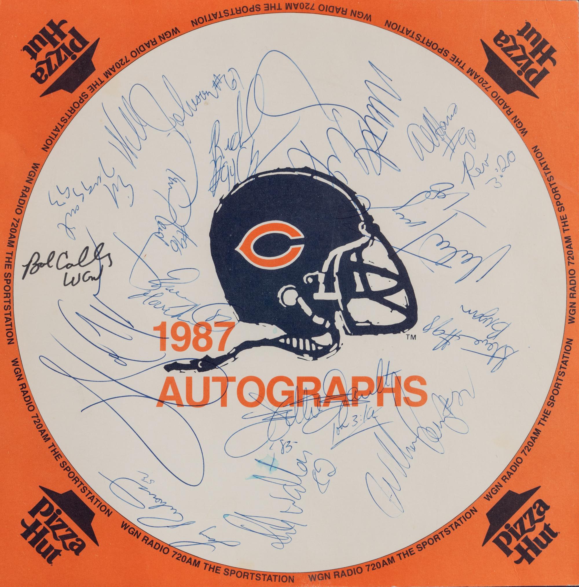 A 1987 Chicago Bears Team Signed Display Including Walter Payton, William Perry and Dan Hampton,