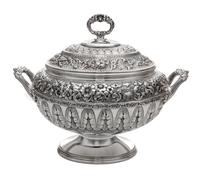An American Silver-Plate Tureen, Tiffany & Co., New York, NY, Early 20th Century, the lid and body with bands of repousse floral and fo