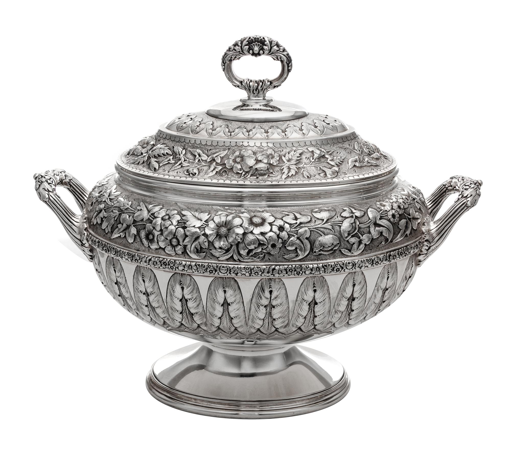 An American Silver-Plate Tureen, Tiffany & Co., New York, NY, Early 20th Century, the lid and body with bands of repousse floral and fo