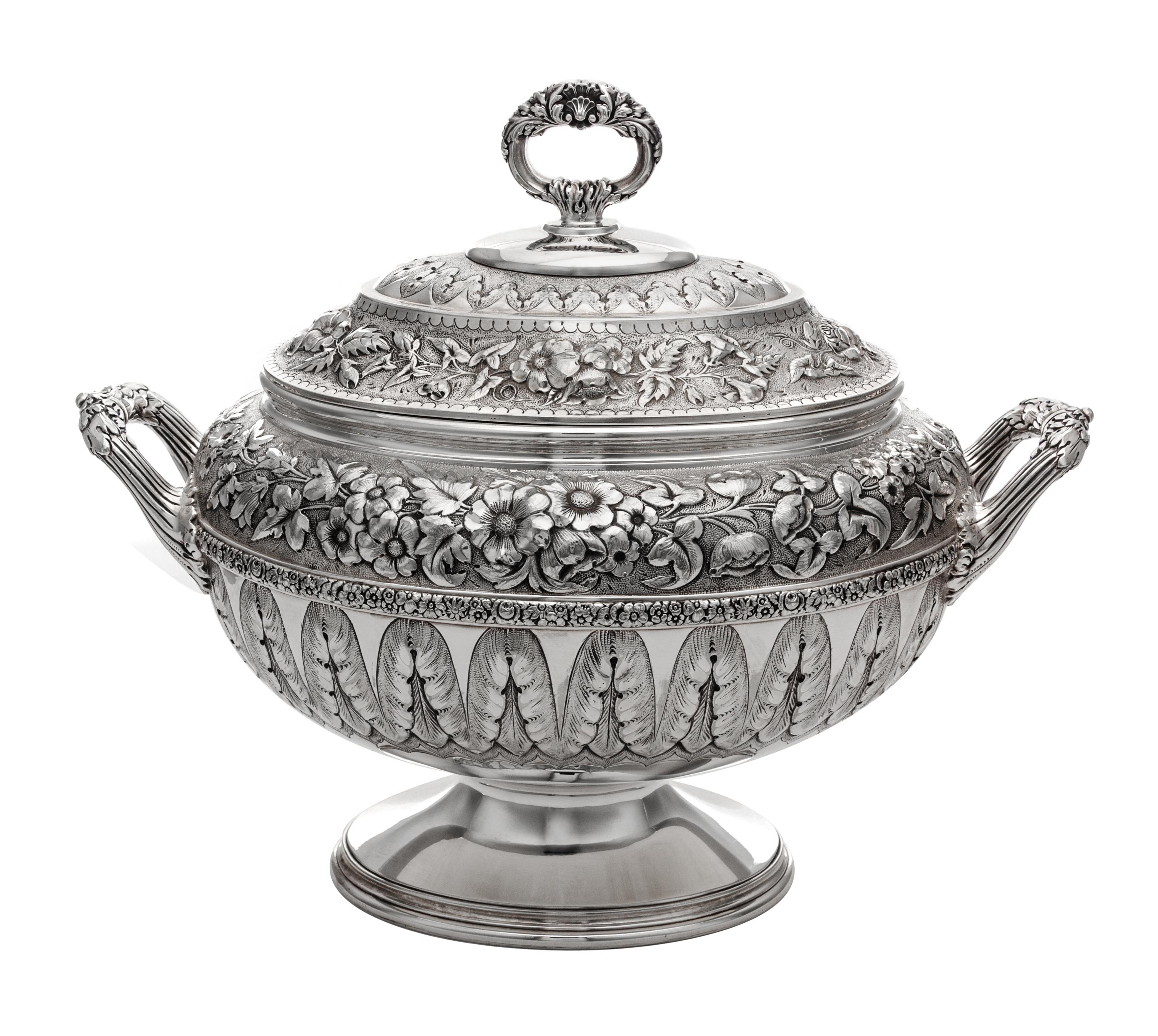 An American Silver-Plate Tureen, Tiffany & Co., New York, NY, Early 20th Century, the lid and body with bands of repousse floral and fo