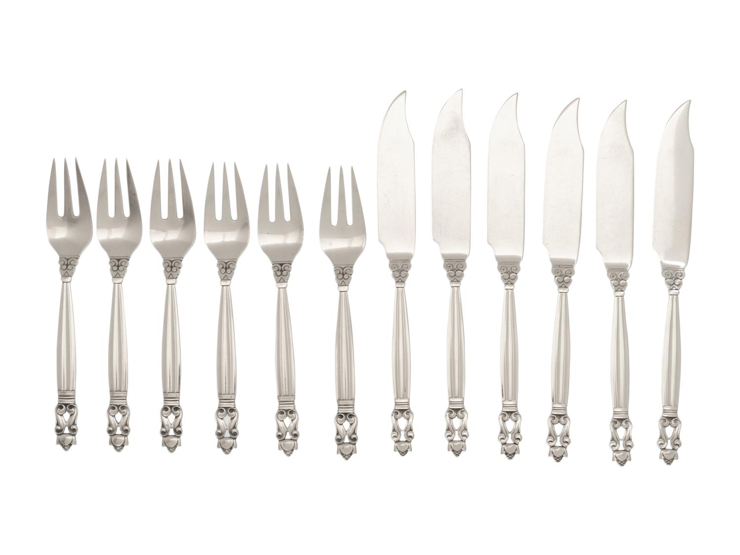 A Georg Jensen Acorn Silver Fish Service for Six