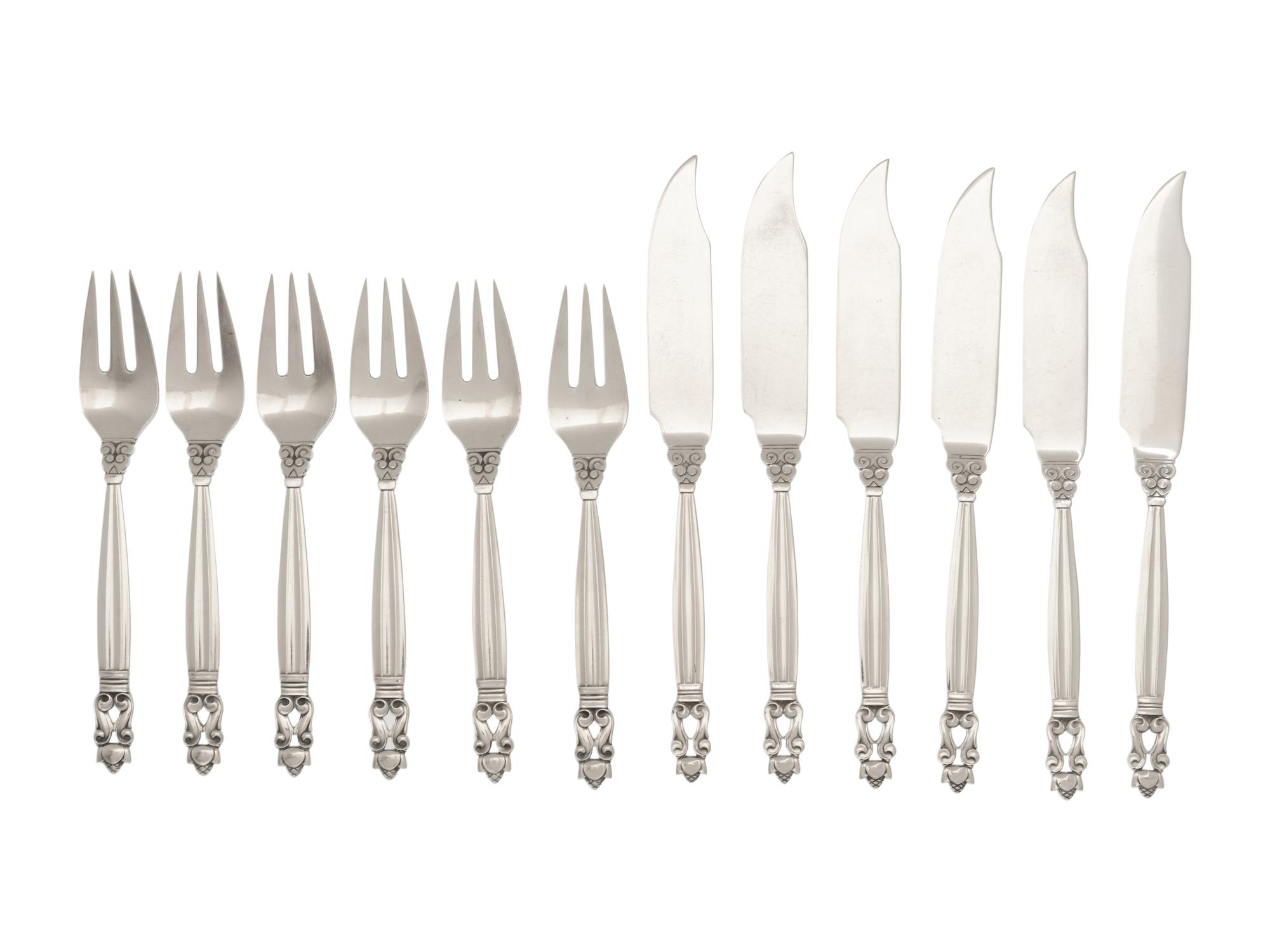 A Georg Jensen Acorn Silver Fish Service for Six