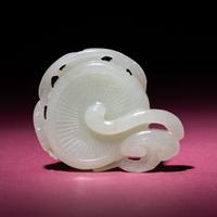 A Chinese Pale Celadon Jade 'Lingzhi and Mushroom' Carving, 18th/19th Century — 清中期 白玉靈芝佩