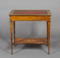 An English Marquetry Vitrine Table, Height 30 1/4 x width 32 1/4 x depth 20 1/2 inches.