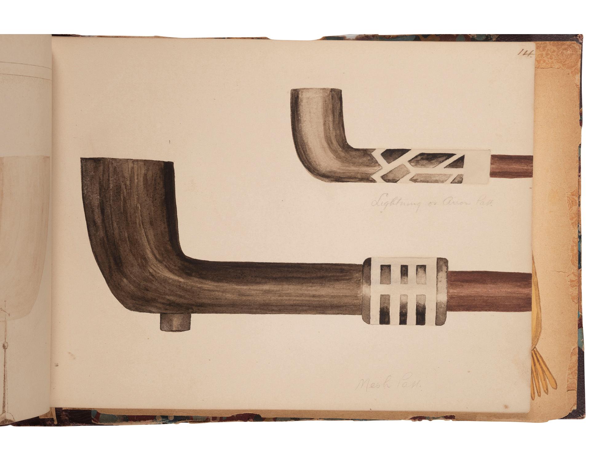 [NATIVE AMERICAN] -- [GOLD RUSH]. An album of watercolor drawings by prospector George V. Storkey (ca 1867-1942) depicting British Columbian Indigenous objects, likely related to the Nlaka’pamux, ca late 1890s-early 1900s.