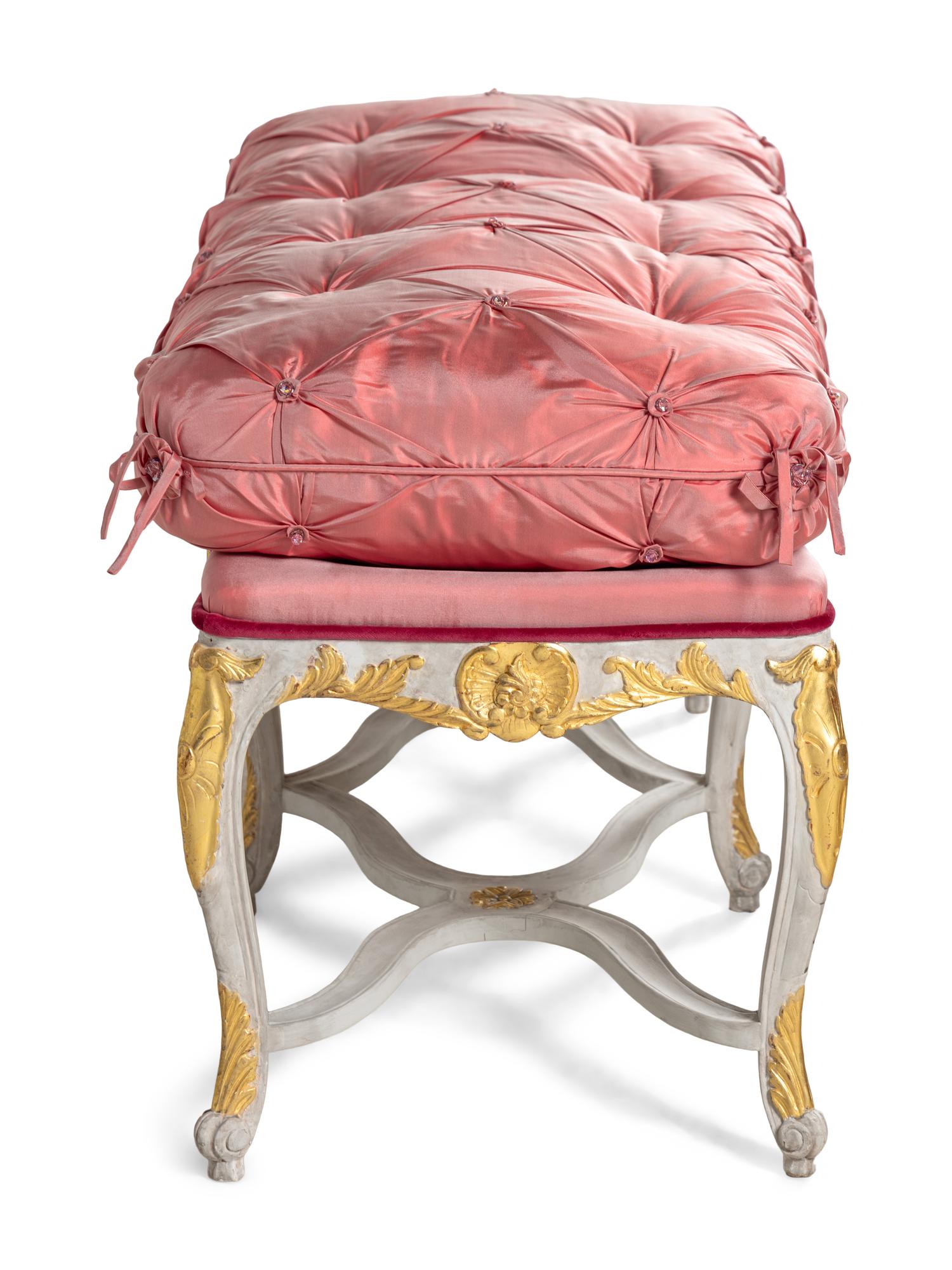 A Louis XV Style Painted and Parcel Gilt Bench