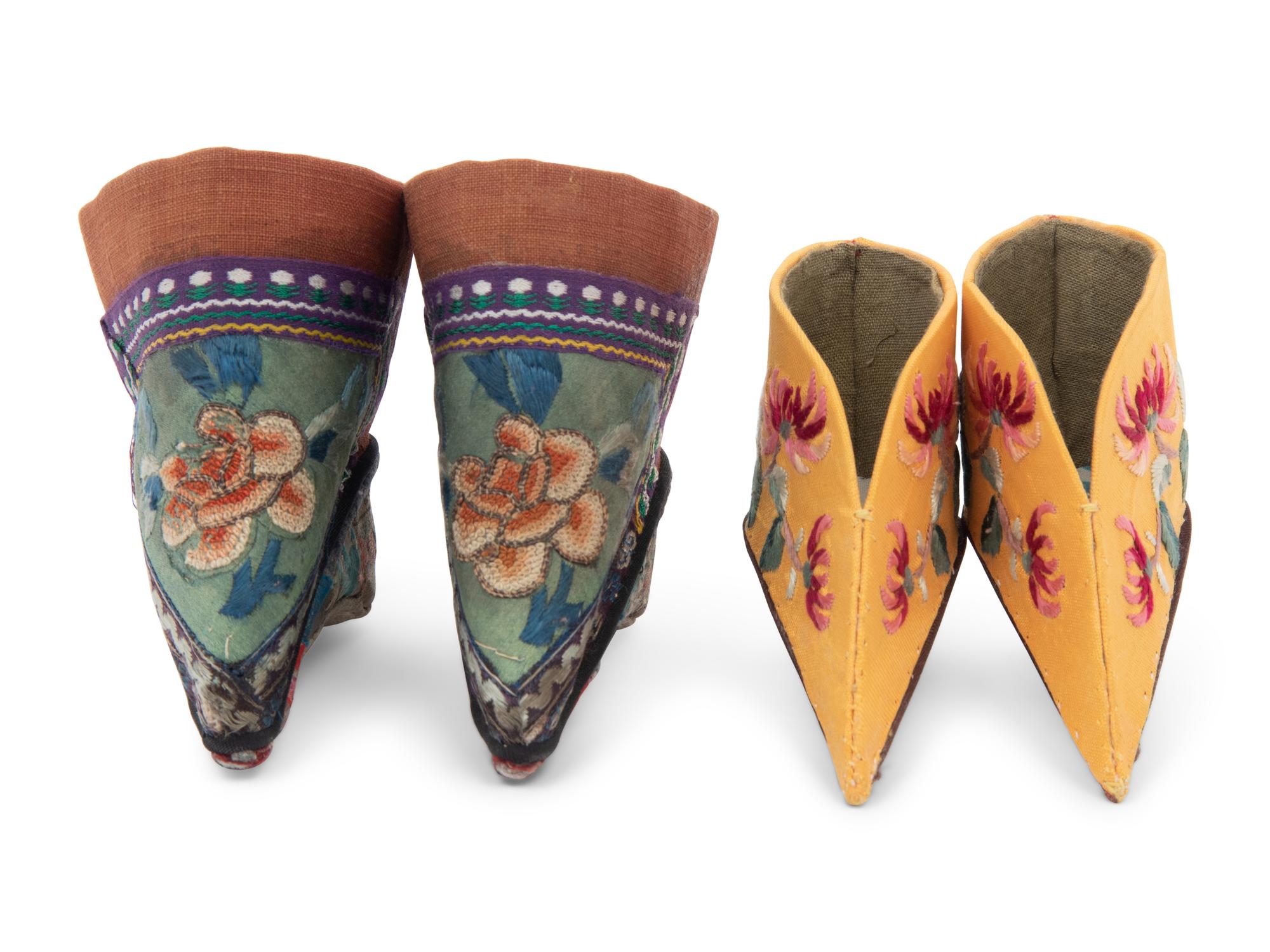 Two Pairs of Chinese Embroidered Lady's 'Lotus' Shoes
