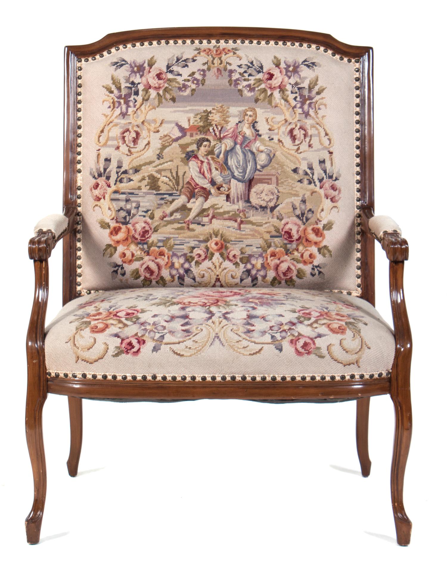 A Louis XVI Stlye Fauteuil Height 42 x width 32 x depth 21 inches.