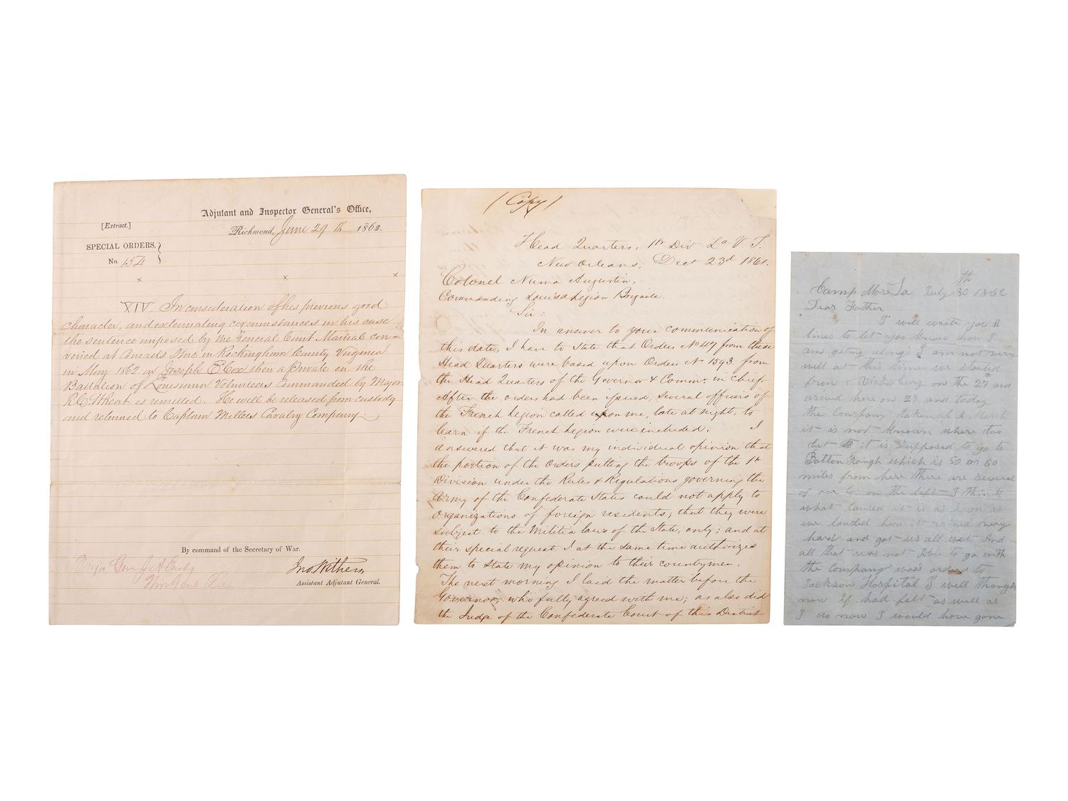 [CIVIL WAR]. Documents associated with Louisiana militia and Confederate Crescent regiments, plus.