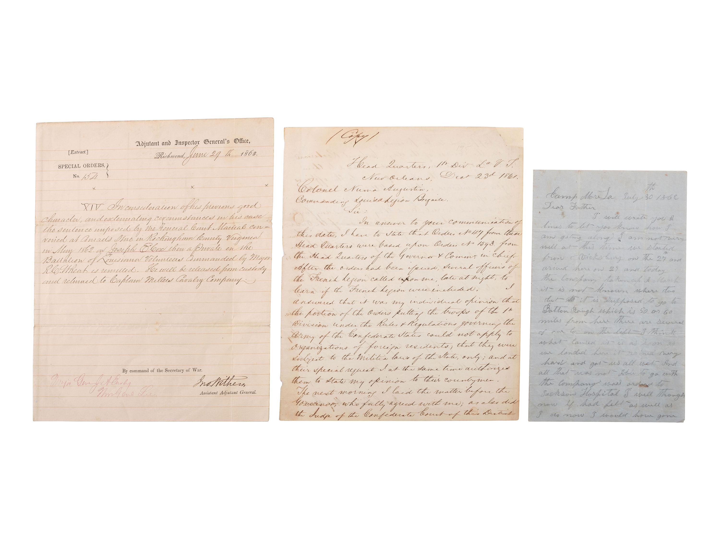 [CIVIL WAR]. Documents associated with Louisiana militia and Confederate Crescent regiments, plus.