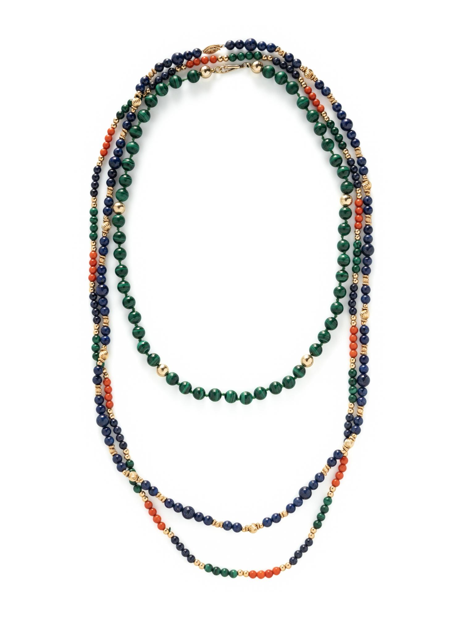 COLLECTION OF YELLOW GOLD AND MULTIGEM BEAD NECKLACES