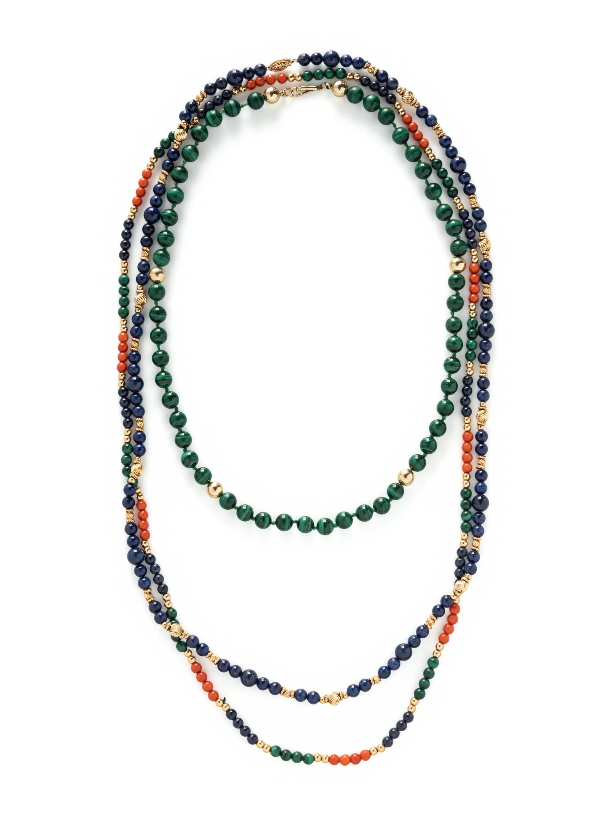 COLLECTION OF YELLOW GOLD AND MULTIGEM BEAD NECKLACES