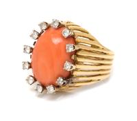 A Yellow Gold, Coral and Diamond Ring, 9.50 dwts.
