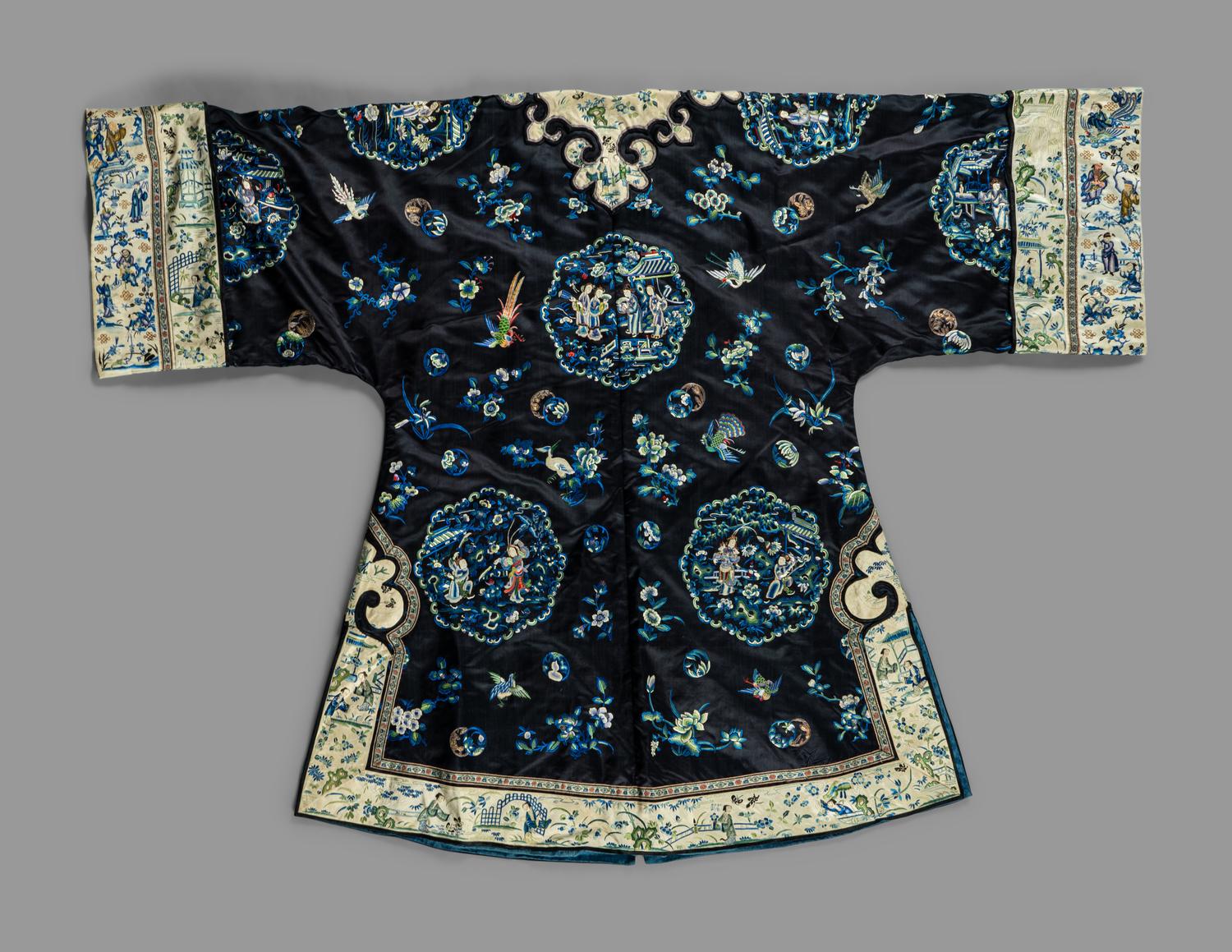 Two Chinese Blue Ground Silk Embroidered Lady's Garments