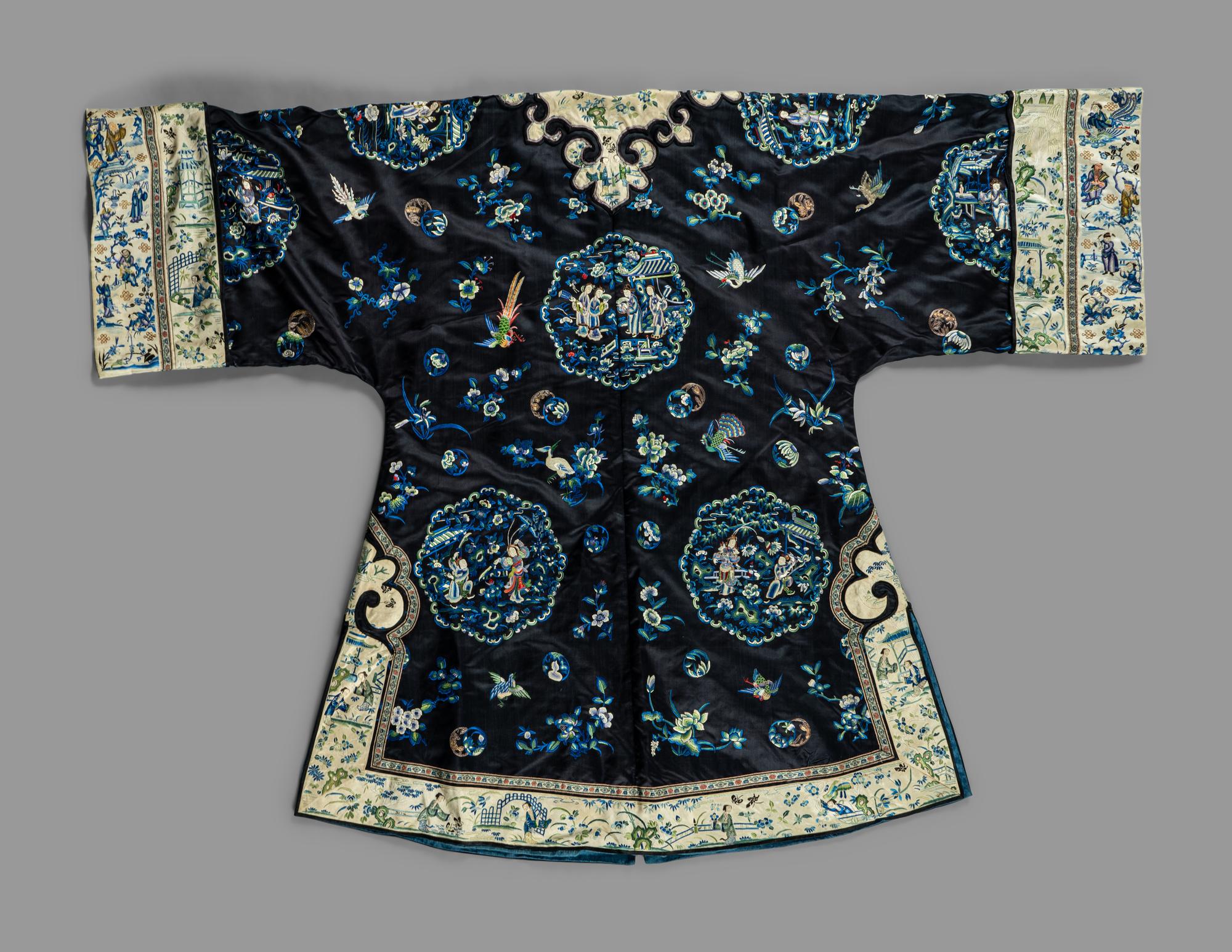 Two Chinese Blue Ground Silk Embroidered Lady's Garments