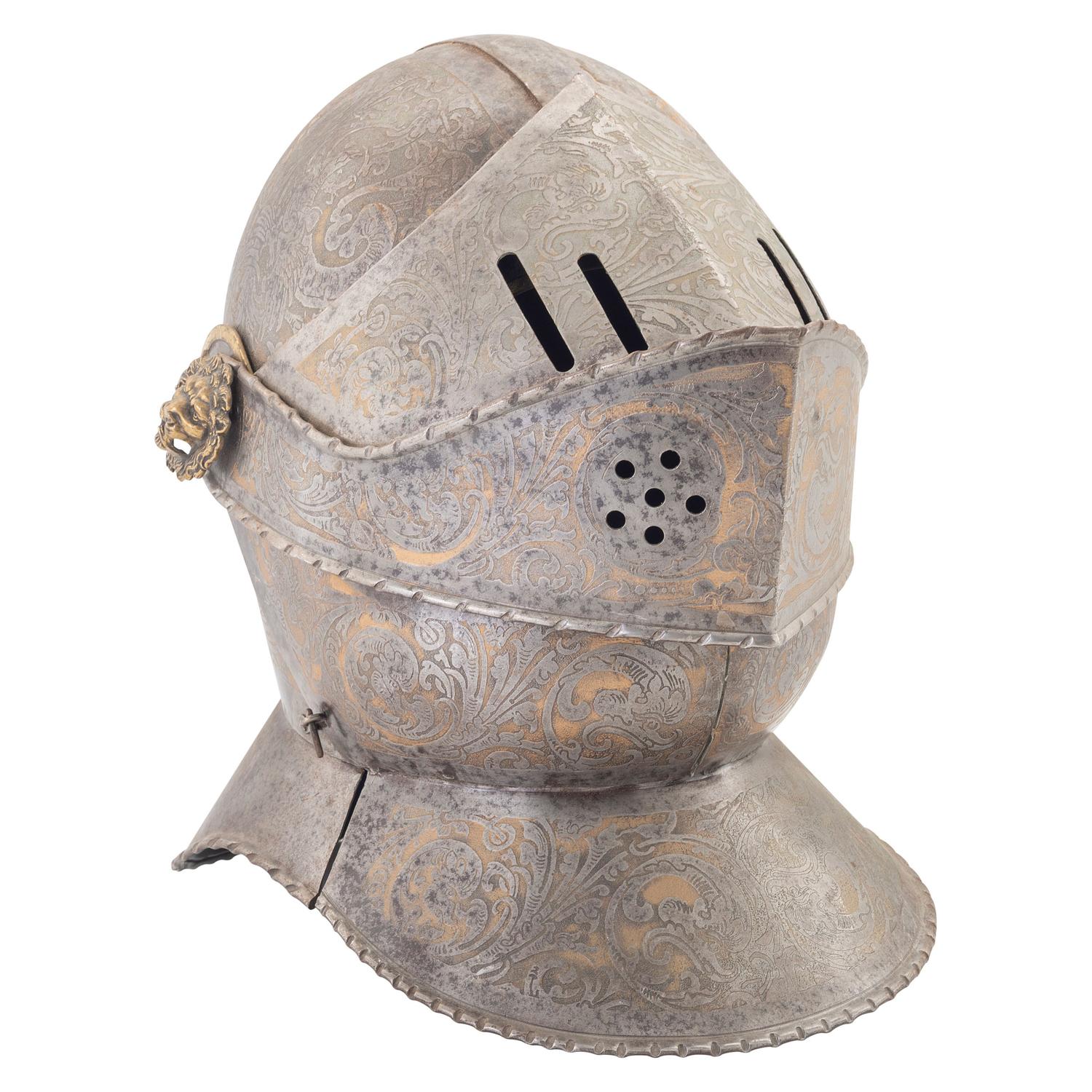 Reproduction of a 16th Century Close Helm with Etched and Gilt Decorations