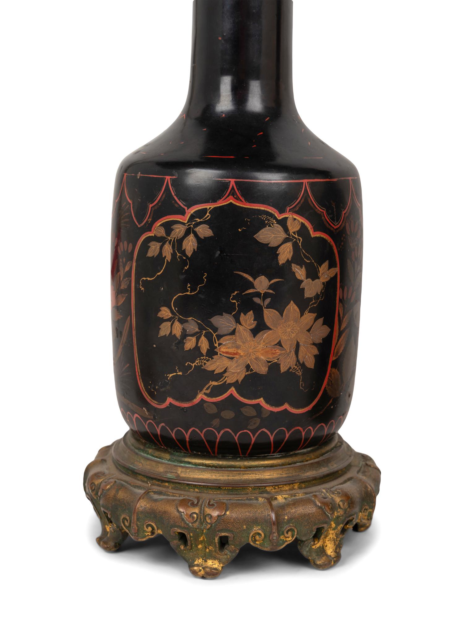 A Pair of French Gilt Bronze Mounted and Gilt Decorated Black Opaline Glass Oil Lamps