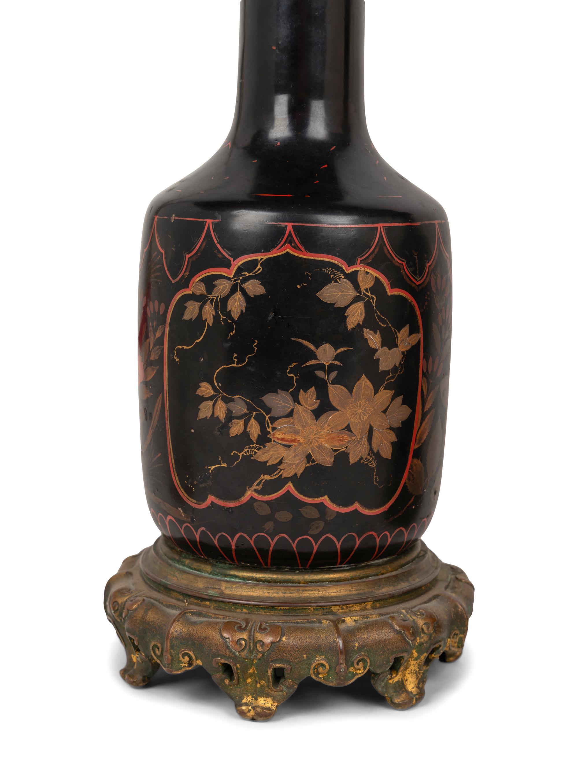 A Pair of French Gilt Bronze Mounted and Gilt Decorated Black Opaline Glass Oil Lamps