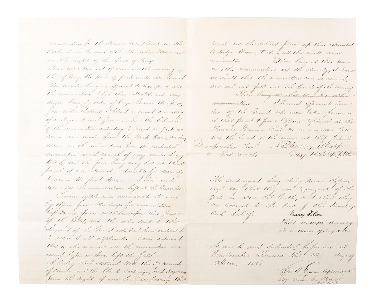 [CIVIL WAR]. Manuscript "Statement of Ordnance Stores, Lost while in possession and charge of Captain Gilbert W. Elliott, 102nd New York Volunteers" at the Battle of Chancellorsville, VA. October 1863.