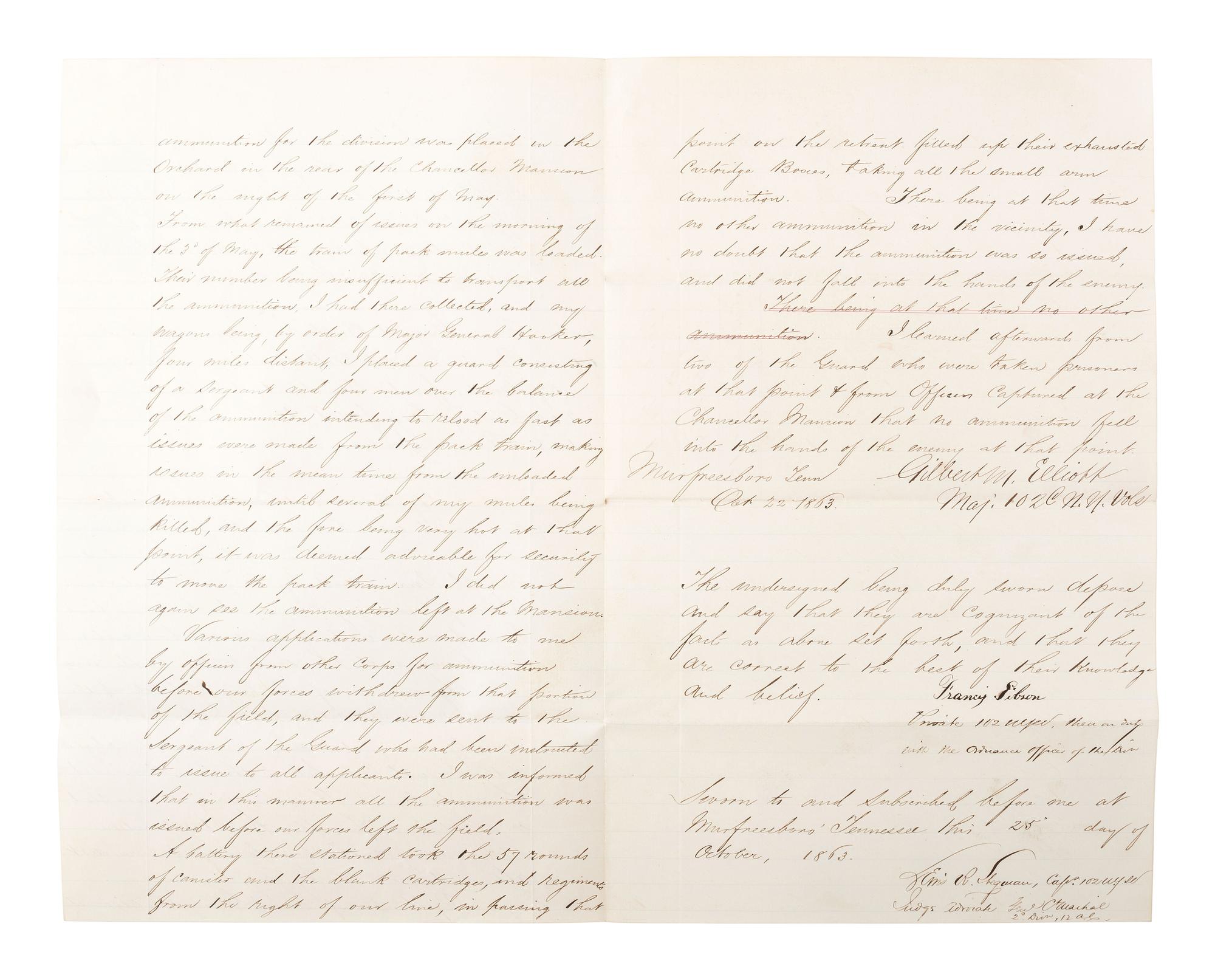 [CIVIL WAR]. Manuscript "Statement of Ordnance Stores, Lost while in possession and charge of Captain Gilbert W. Elliott, 102nd New York Volunteers" at the Battle of Chancellorsville, VA. October 1863.