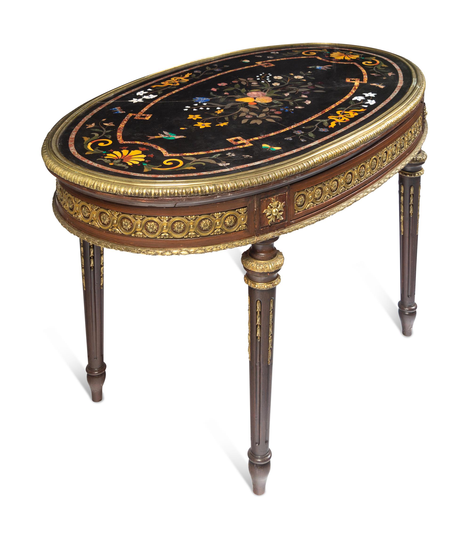 A Louis XVI Style Gilt Bronze Mounted Pietra Dura-Top Center Table