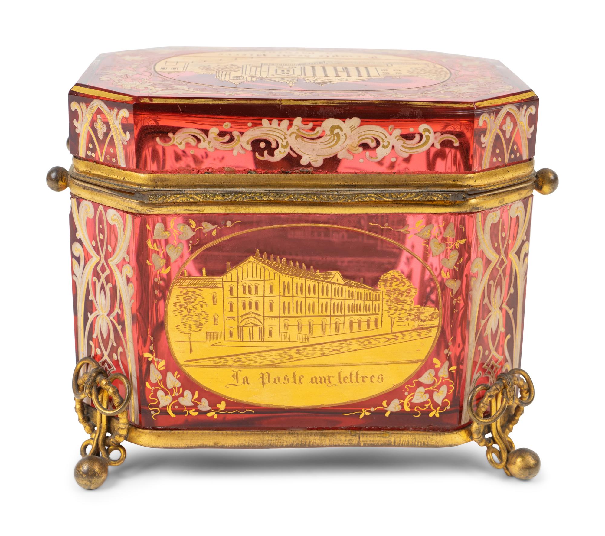 A Swiss Gilt-Decorated and Enameled Red-Flashed Glass Box — LATE 19TH/EARLY 20TH CENTURY