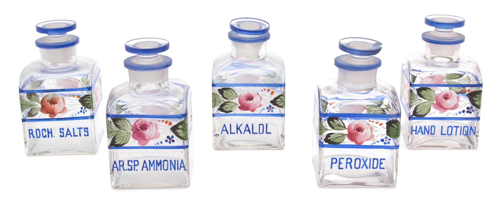 A Group of Five Continental Hand-Painted Glass Perfume Bottles Height 4 1/2 x width 2 1/2 x depth 2 1/2 inches. — 20TH CENTURY