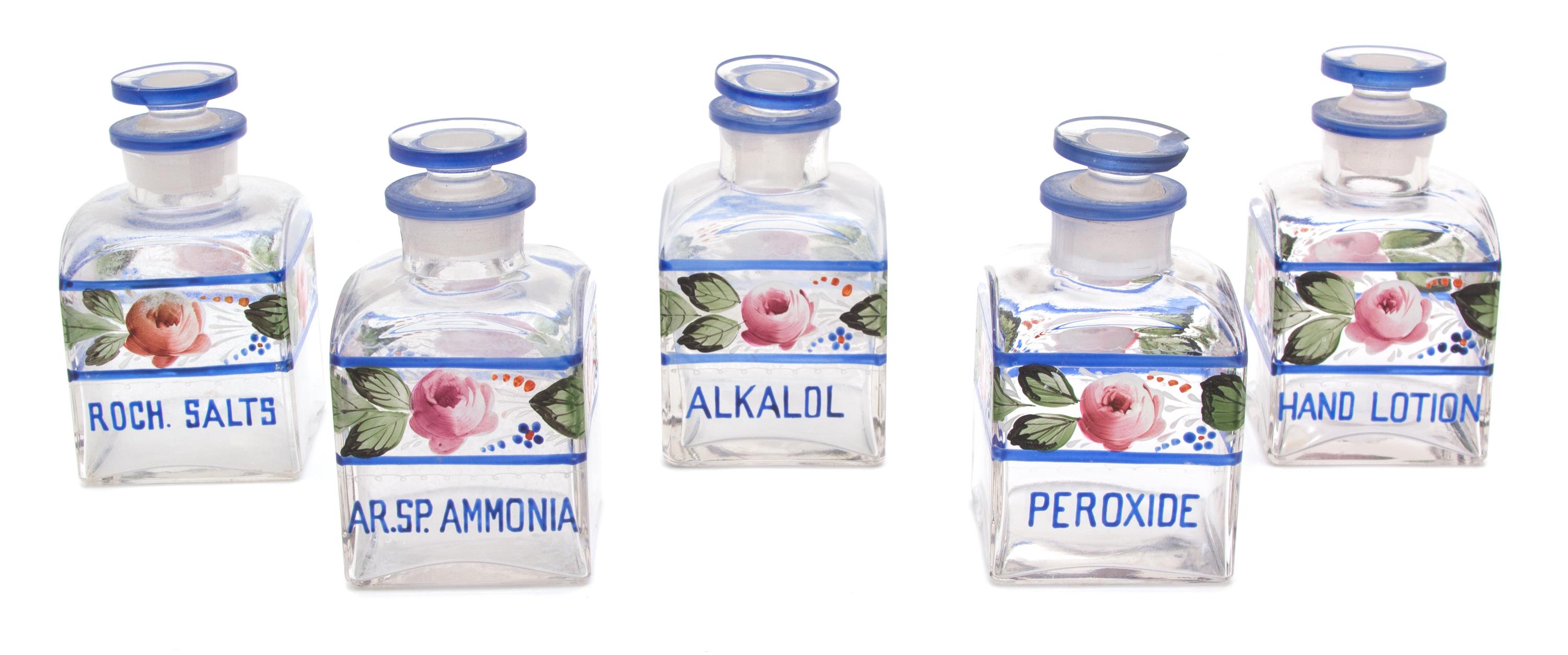 A Group of Five Continental Hand-Painted Glass Perfume Bottles Height 4 1/2 x width 2 1/2 x depth 2 1/2 inches. — 20TH CENTURY
