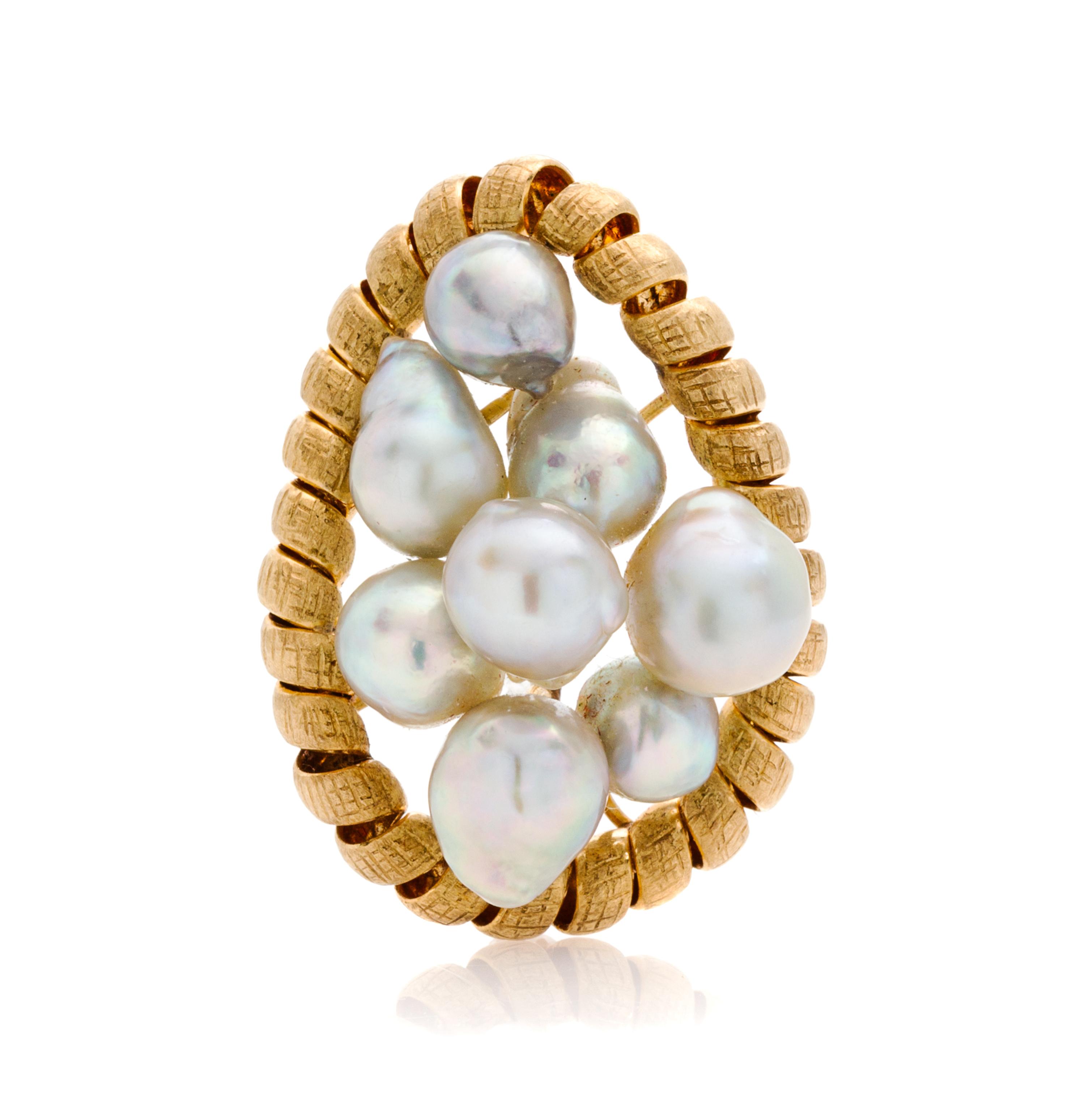 A Yellow Gold and Cultured Pearl Brooch, 10.80 dwts.