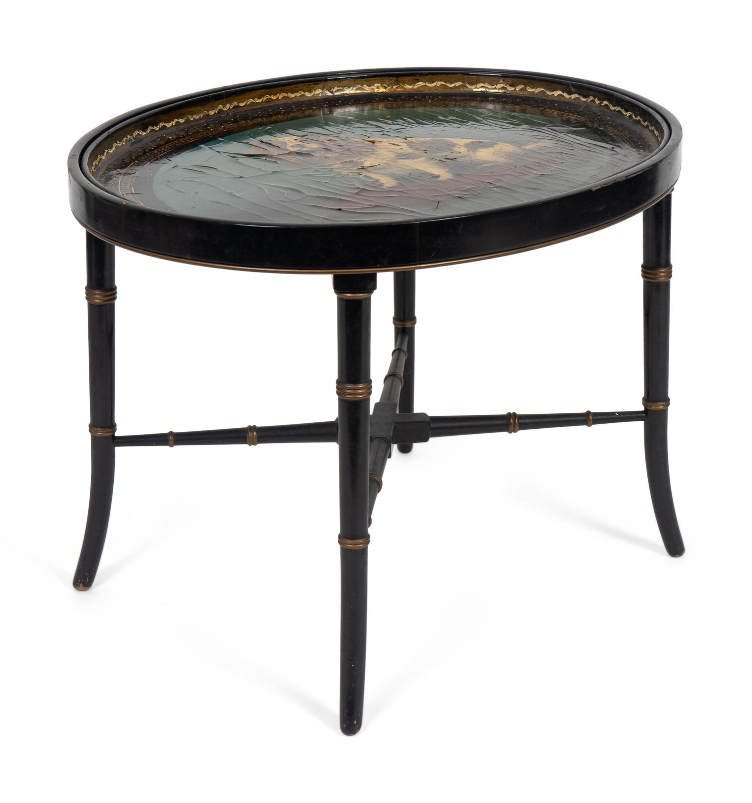 A Victorian Papier-Mache Oval Tray on Later Stand — 19TH CENTURY