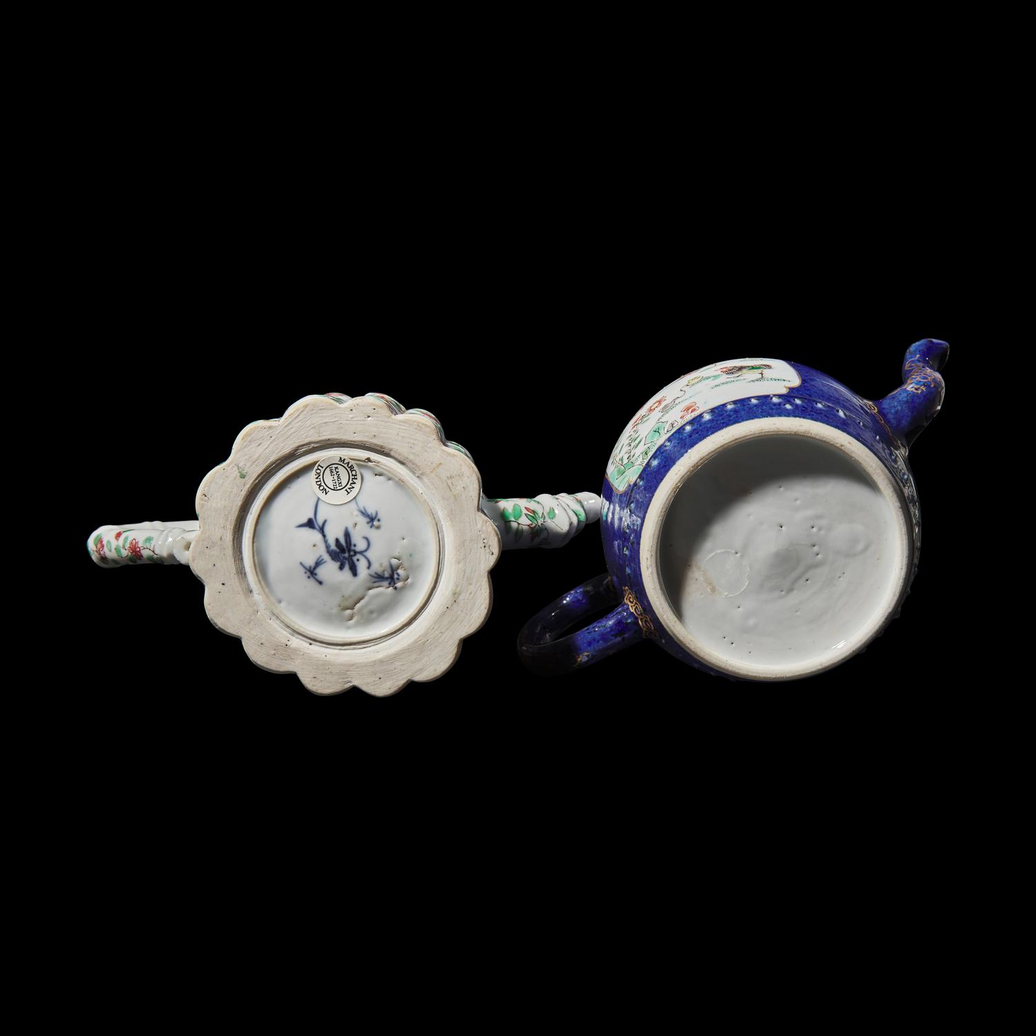 Two Chinese Famille Verte Porcelain Teapots, Kangxi Period 清康熙 五彩鼓凳式壺及竹節壺