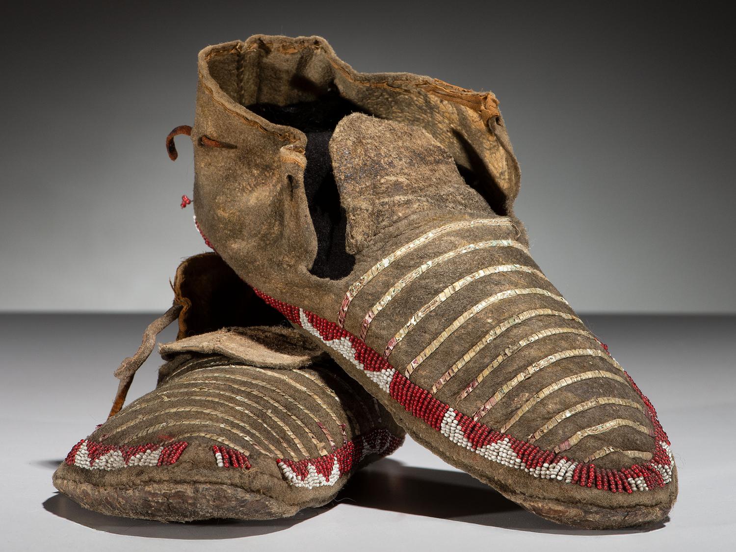 Sioux Quilled and Beaded Buffalo Hide Moccasins