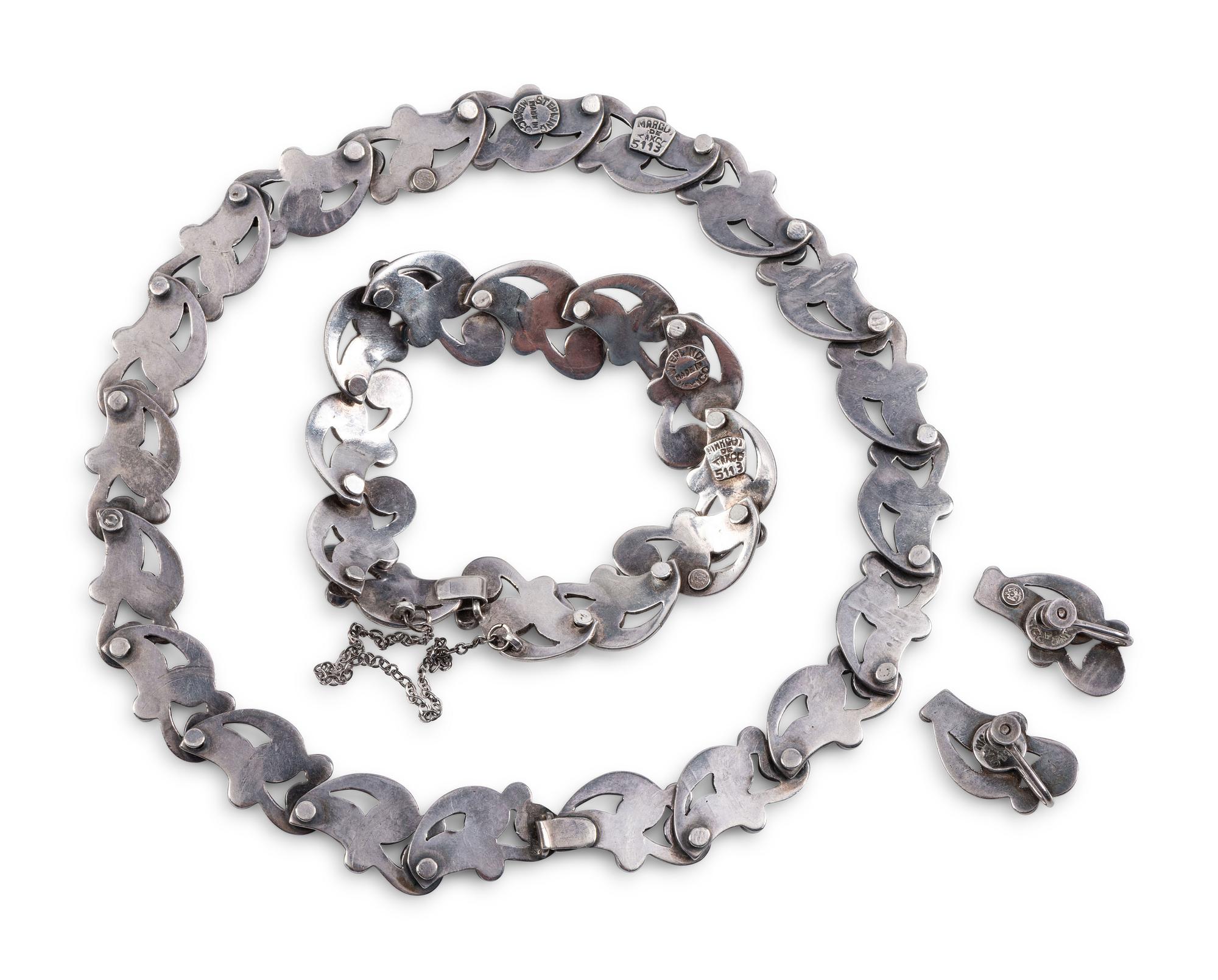 Scrolling Sterling Silver Choker, Bracelet, and Screwback Earrings